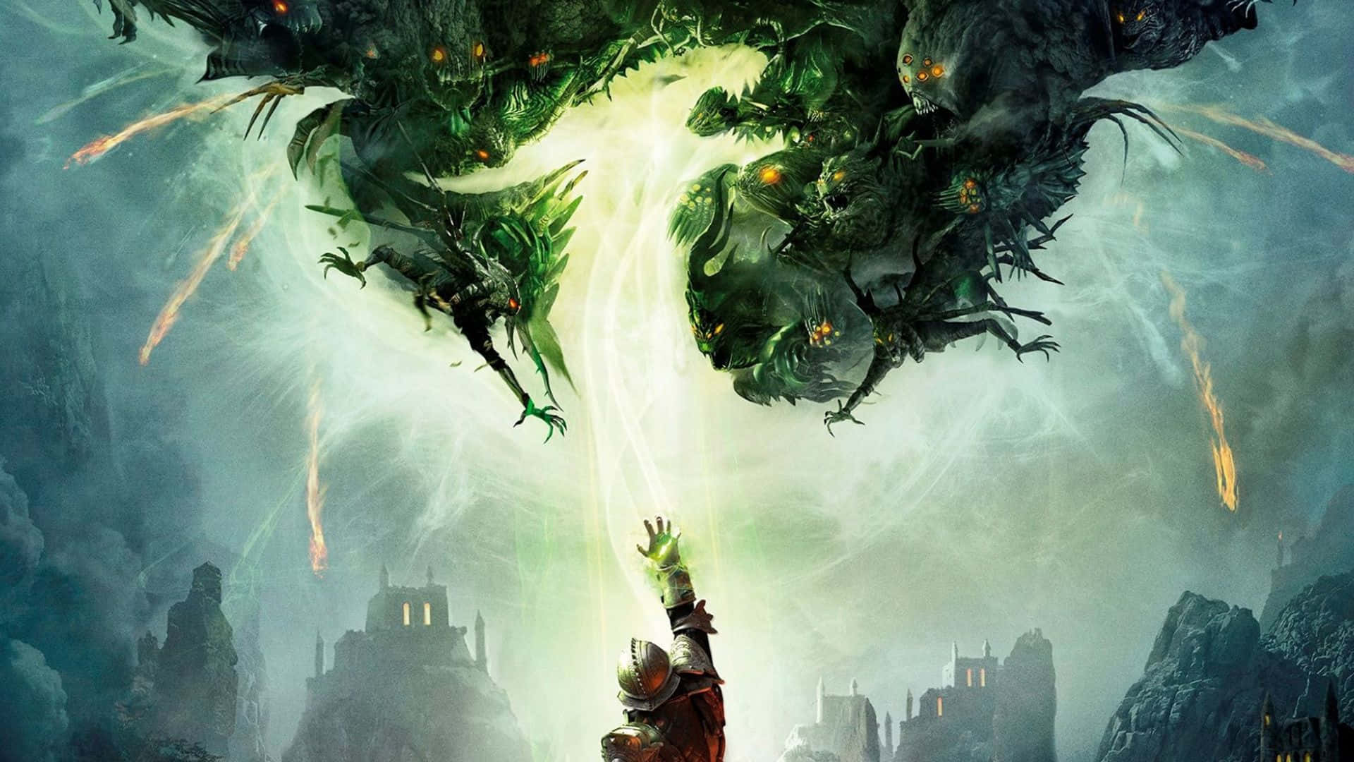 戰鬥騎士高畫質《龍騰世紀：救世主》背景 壁紙 — 一個孤獨的裝甲戰士舉起發光的手，對抗從暴風雨天空中降下的綠色怪物漩渦。
