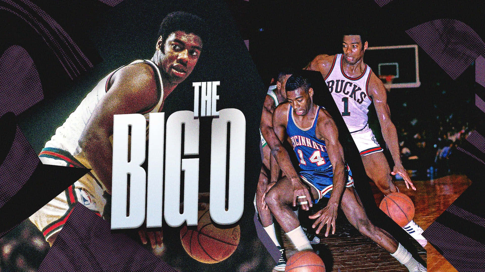 復古籃球海報，突出 'The Big O' 及球員在比賽中的動作。