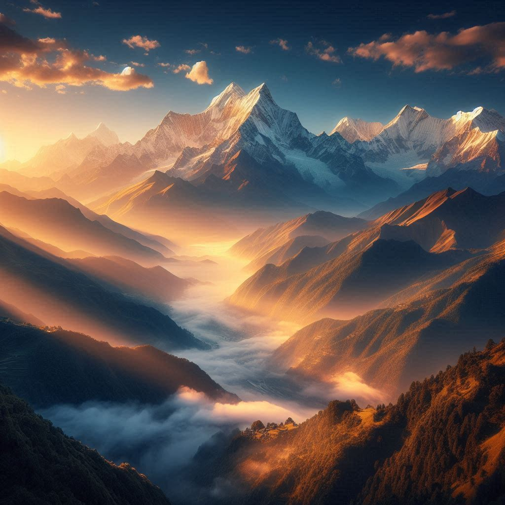 戲劇性山景 壁紙 — 陽光灑在積雪的山峰上，金光閃閃，薄霧在山谷中翻滾。