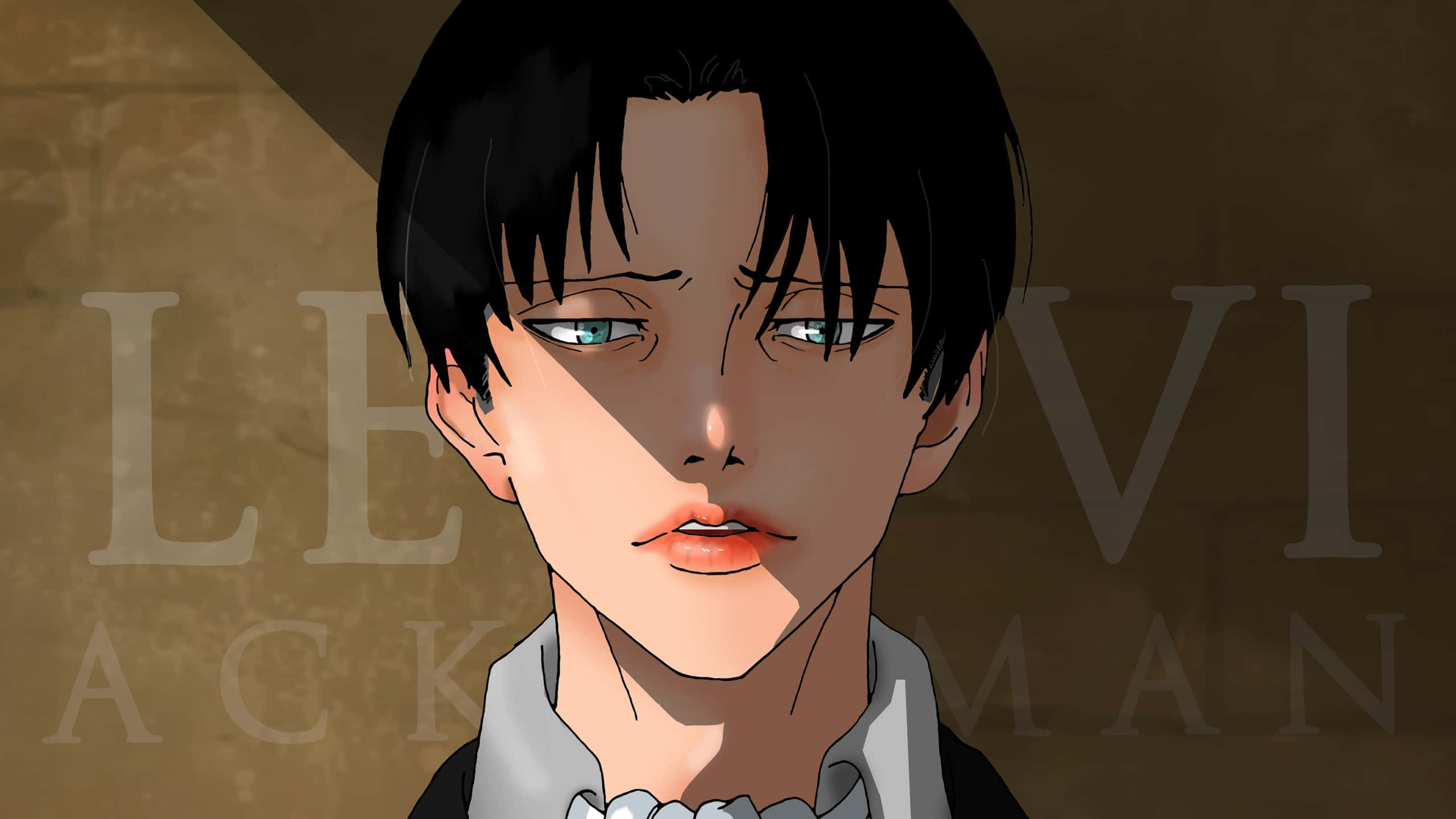 Levi Ackerman Desktop 桌布 壁紙 — 戲劇性燈光下，黑髮藍眼動漫角色的特寫。
