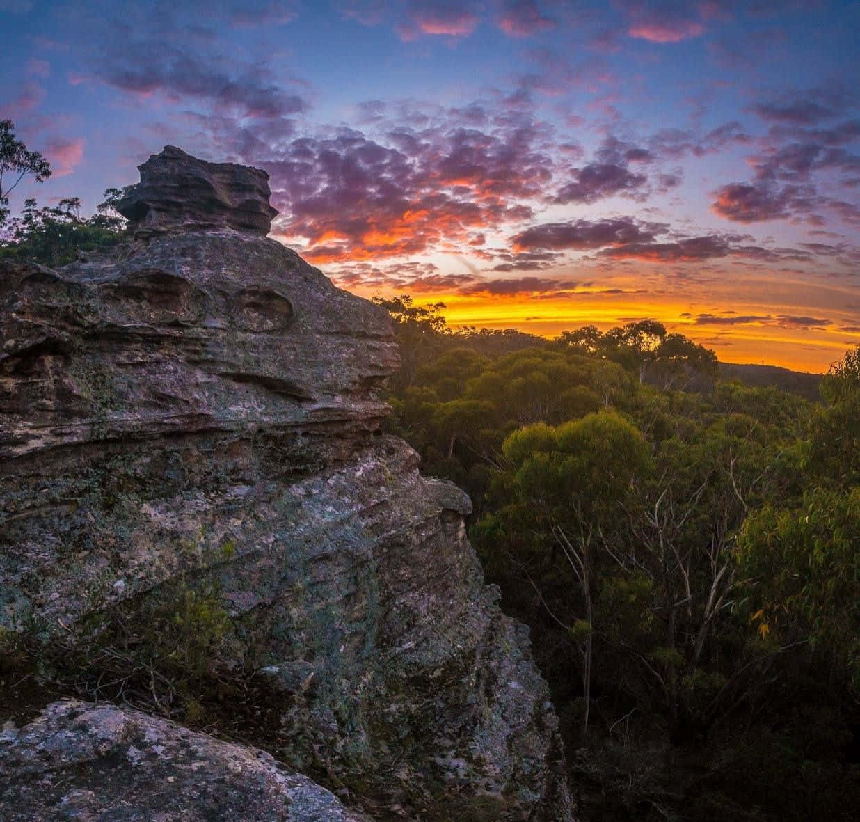 Blue Mountains National Park 桌布 壁紙 — 戲劇性的岩石露頭在火紅的日落天空下形成剪影，橙色雲彩籠罩著茂密的綠色森林。