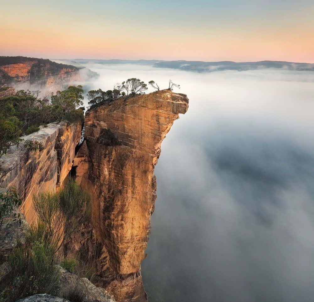 Blue Mountains National Park 桌布 壁紙 — 戲劇性的懸崖面在黎明時分從霧海中升起，溫暖的光線描繪著岩石和天空。