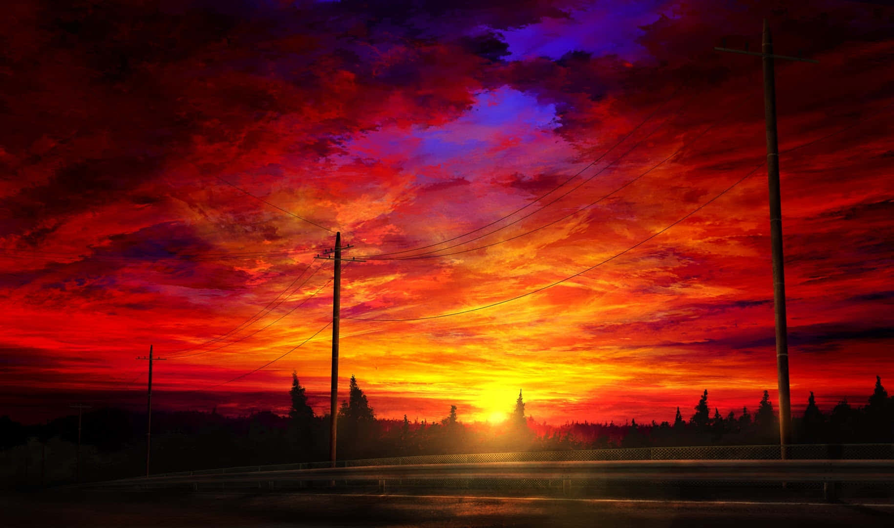 Anime Sunset 桌布 壁紙 — 戲劇性的日落將天空染成火紅、紫和橙色，高速公路上的電線和樹木形成剪影。