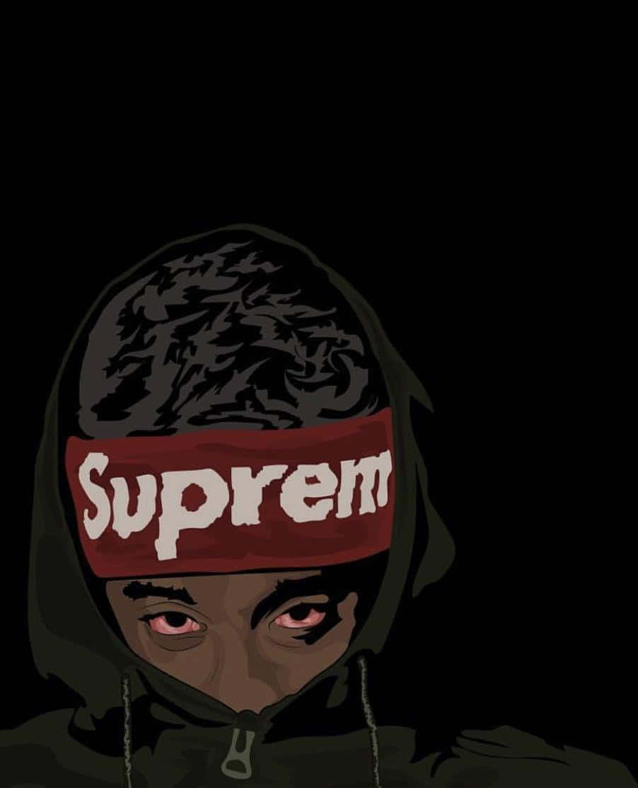 戴 Supreme 头巾的 dope boy 壁紙 — 一個戴著連帽衫的人物，擁有發光的紅色眼睛和紅色 Supreme 頭帶，以黑色背景為襯托的風格化數位肖像。