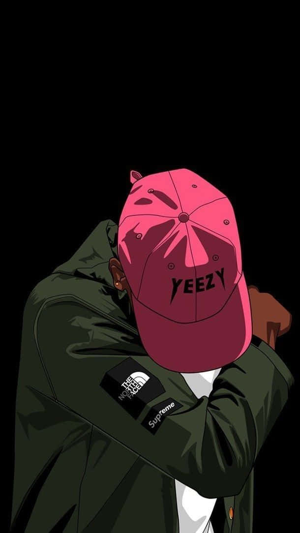 戴 Yeezy 帽子的 dope boy 壁紙 — 一個風格化的人物，戴著粉紅色YEEZY帽子和綠色Supreme外套，彎腰靠在黑色背景上。