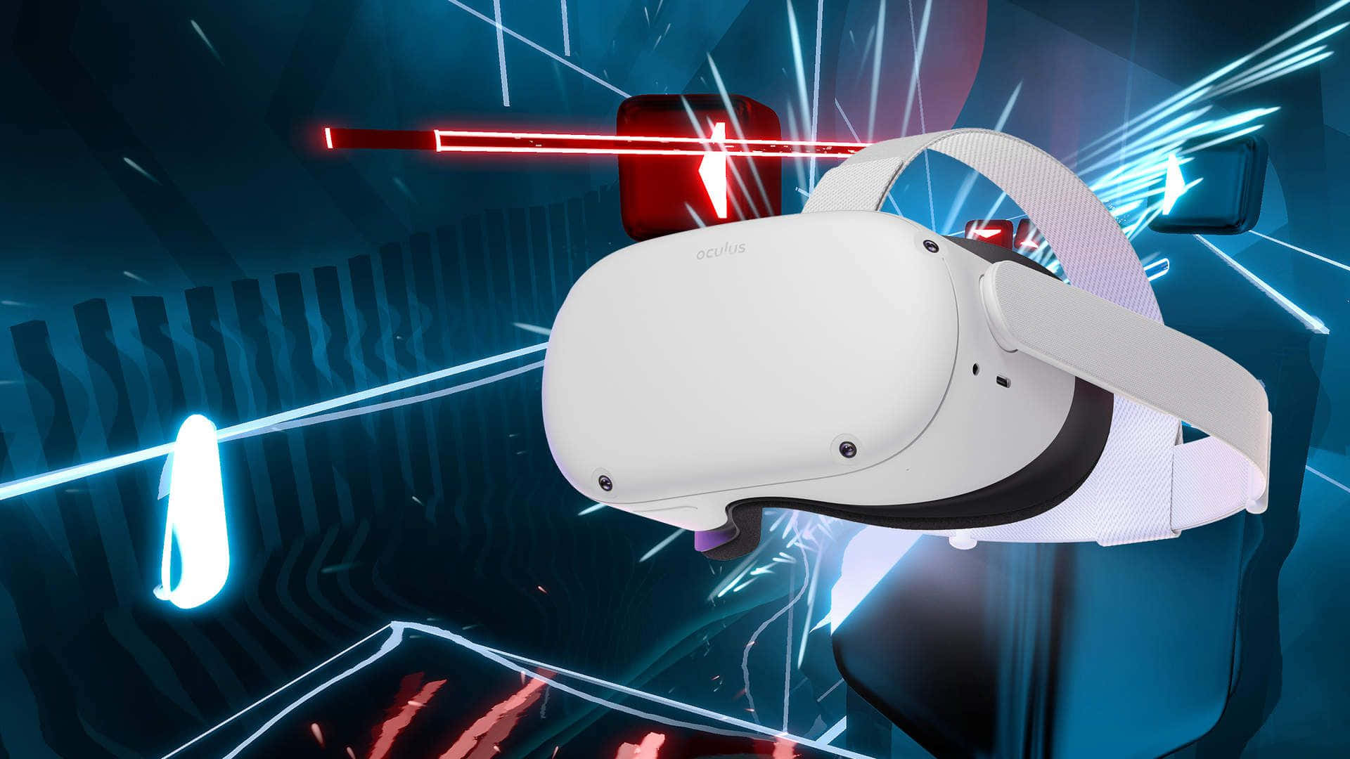 白色Oculus VR頭戴式裝置被發光霓虹線條和數碼效果環繞。