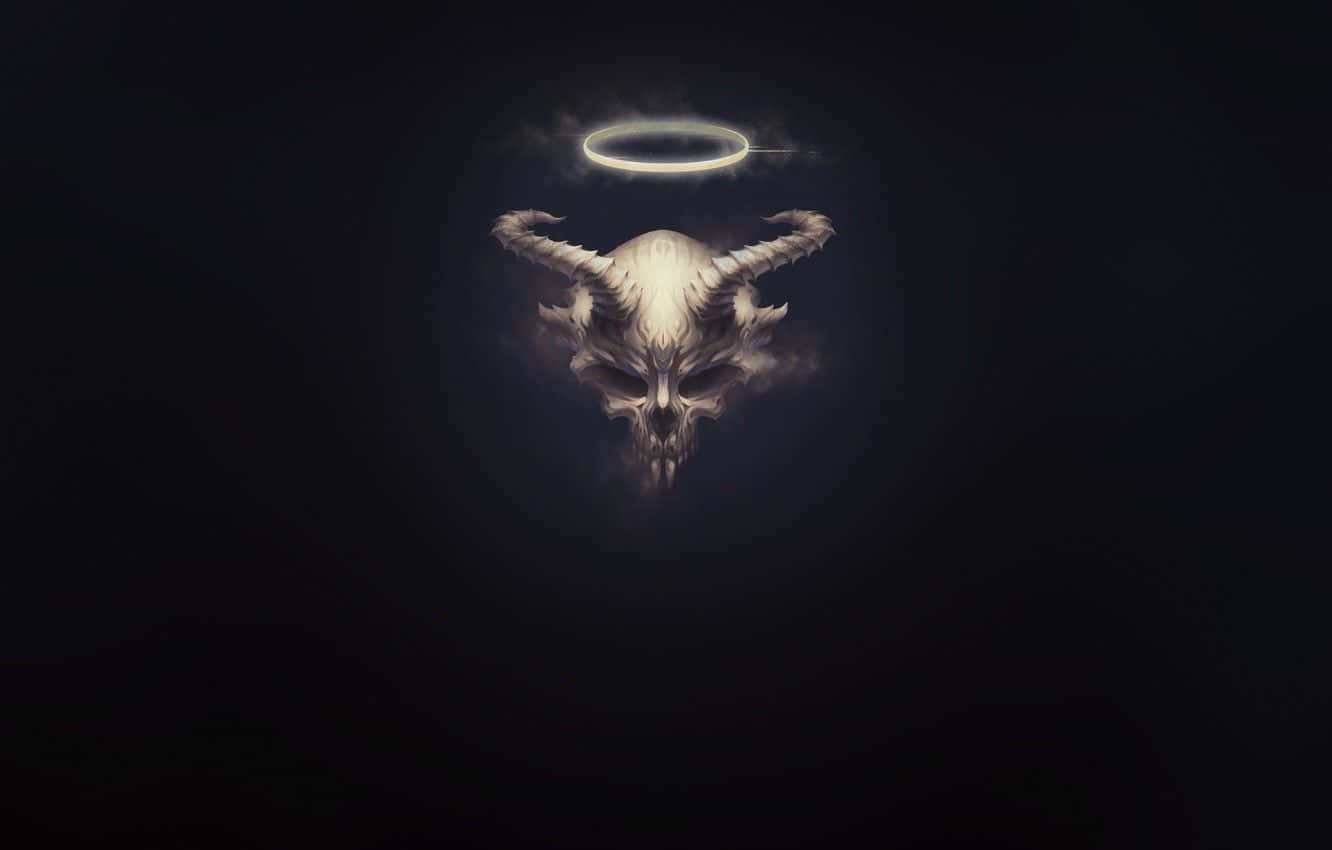 一個帶有角和發光光環的惡魔頭骨，背景為黑暗。