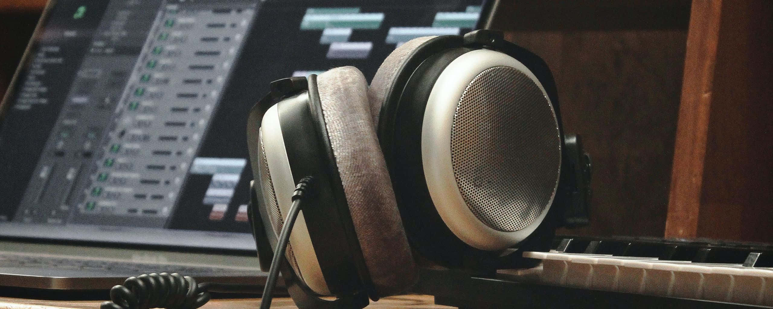 戴上耳機，開啓音樂時光 壁紙 — 專業錄音室耳機放在鋼琴鍵盤上，旁邊是一部顯示音頻編輯軟件的筆記本電腦。
