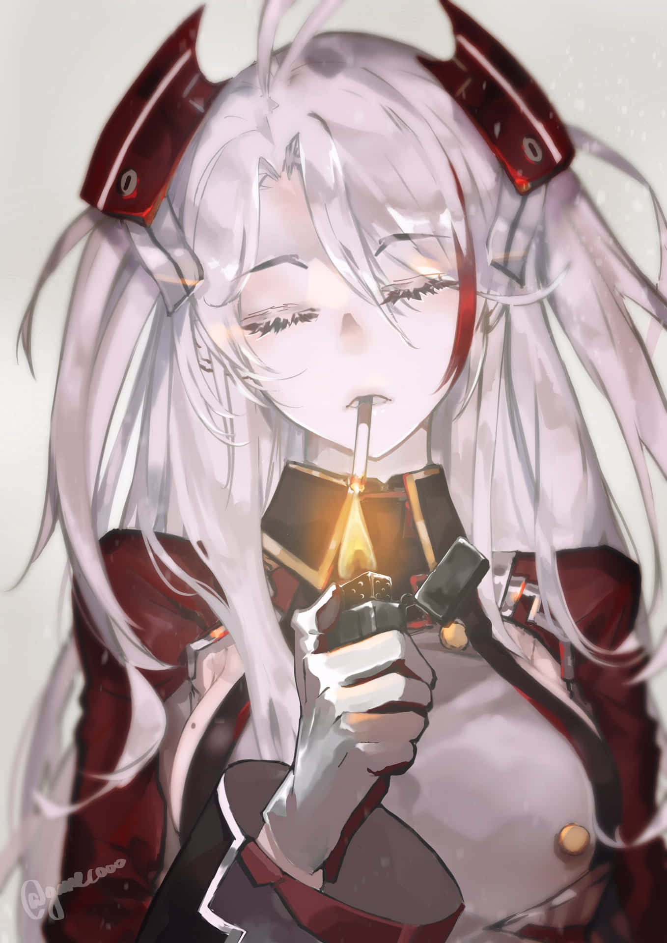 銀髮紅角的動漫女孩手持點燃的打火機。