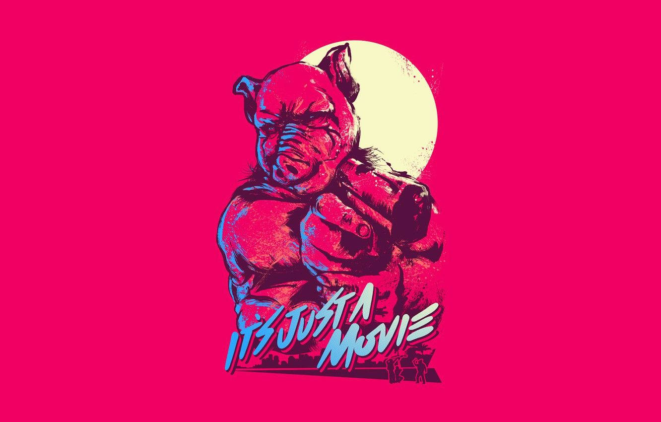 一個豬頭角色拿著槍，在淡月下寫著「It's Just A Movie」的文字。