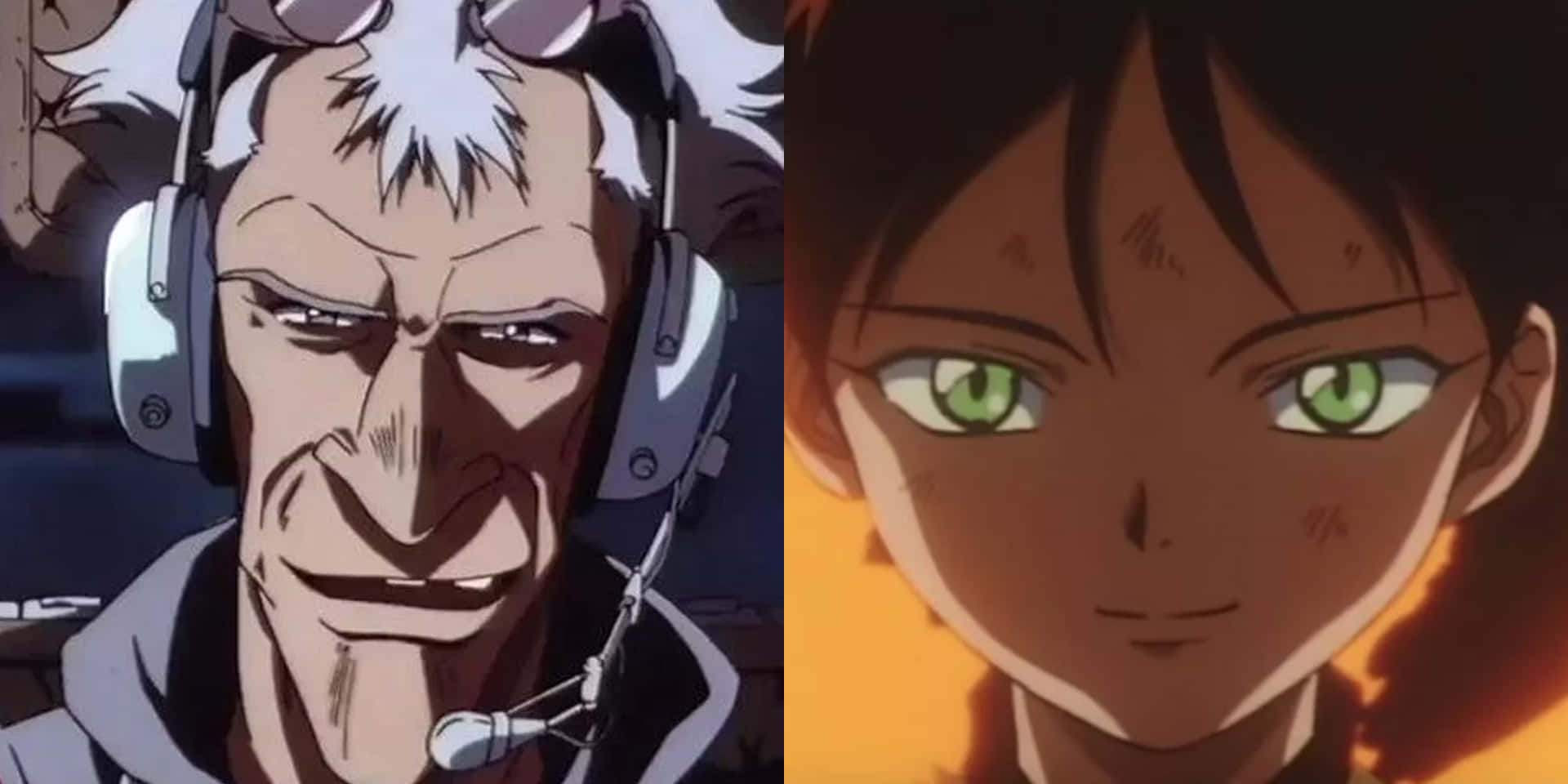 Cowboy Bebop Wen 桌布 壁紙 — 戴住耳筒嘅灰白頭髮男人同一個有發光綠色眼睛嘅女仔嘅分割畫面動畫肖像。