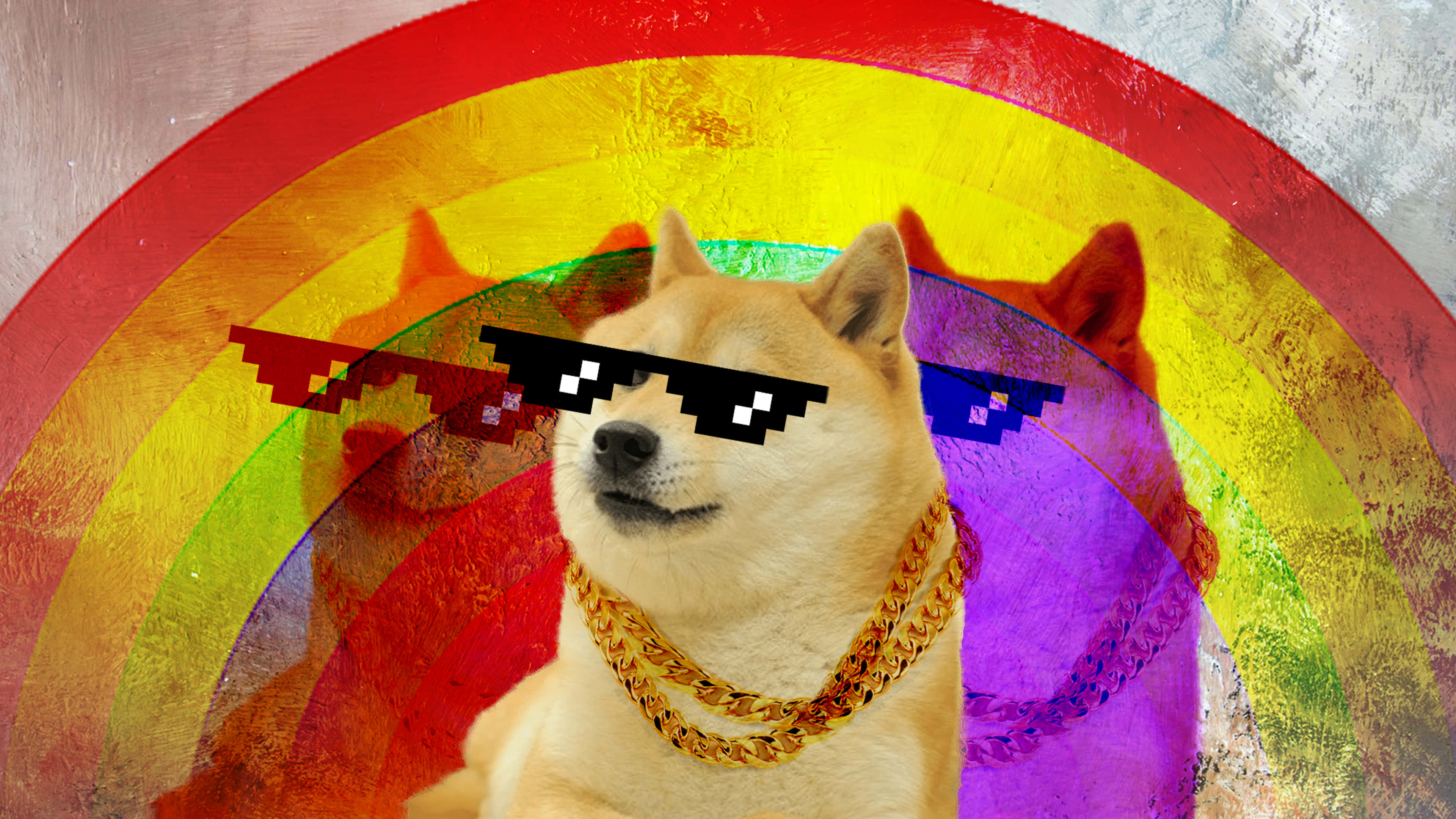 戴像素太陽眼鏡的彩虹狗狗 壁紙 — 一隻柴犬戴著像素化太陽眼鏡和一條金鏈，自信地站在充滿活力的彩虹背景前。