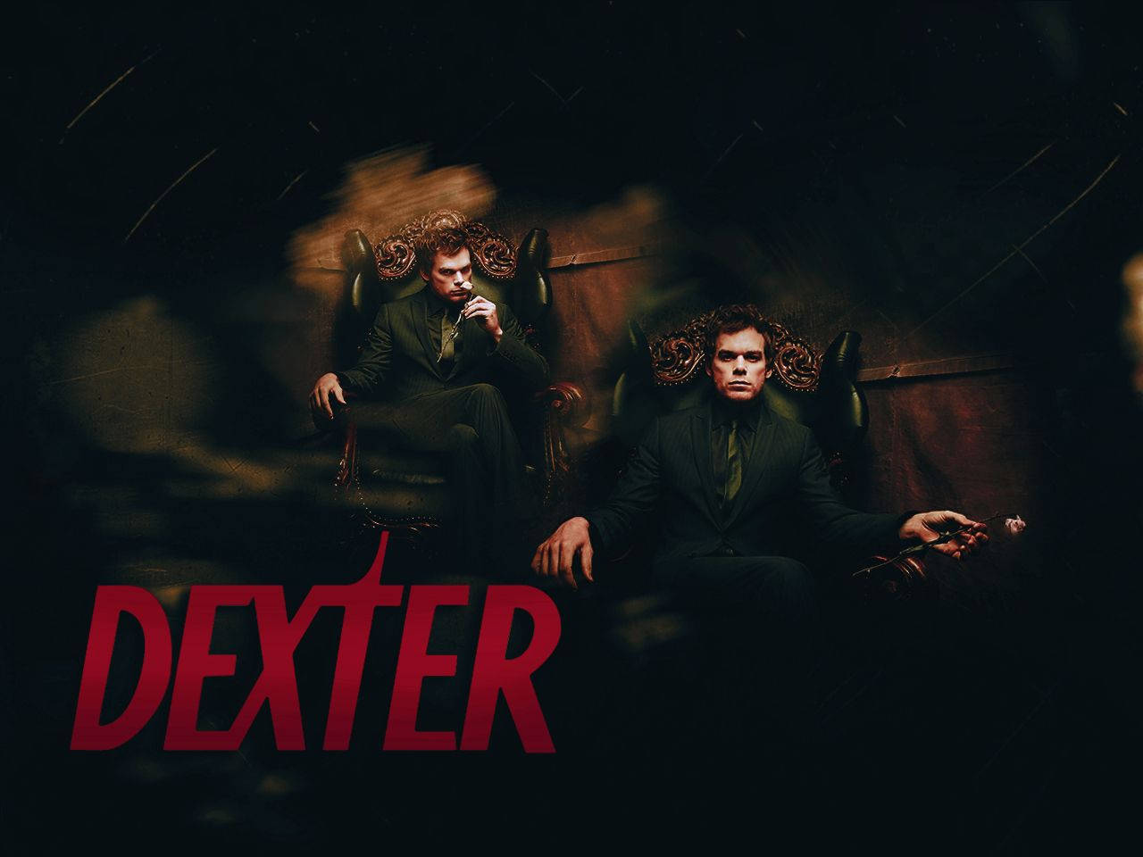 兩個穿西裝的男人，帶有旋轉的頭髮效果，深色背景，紅色 'Dexter' 文字。