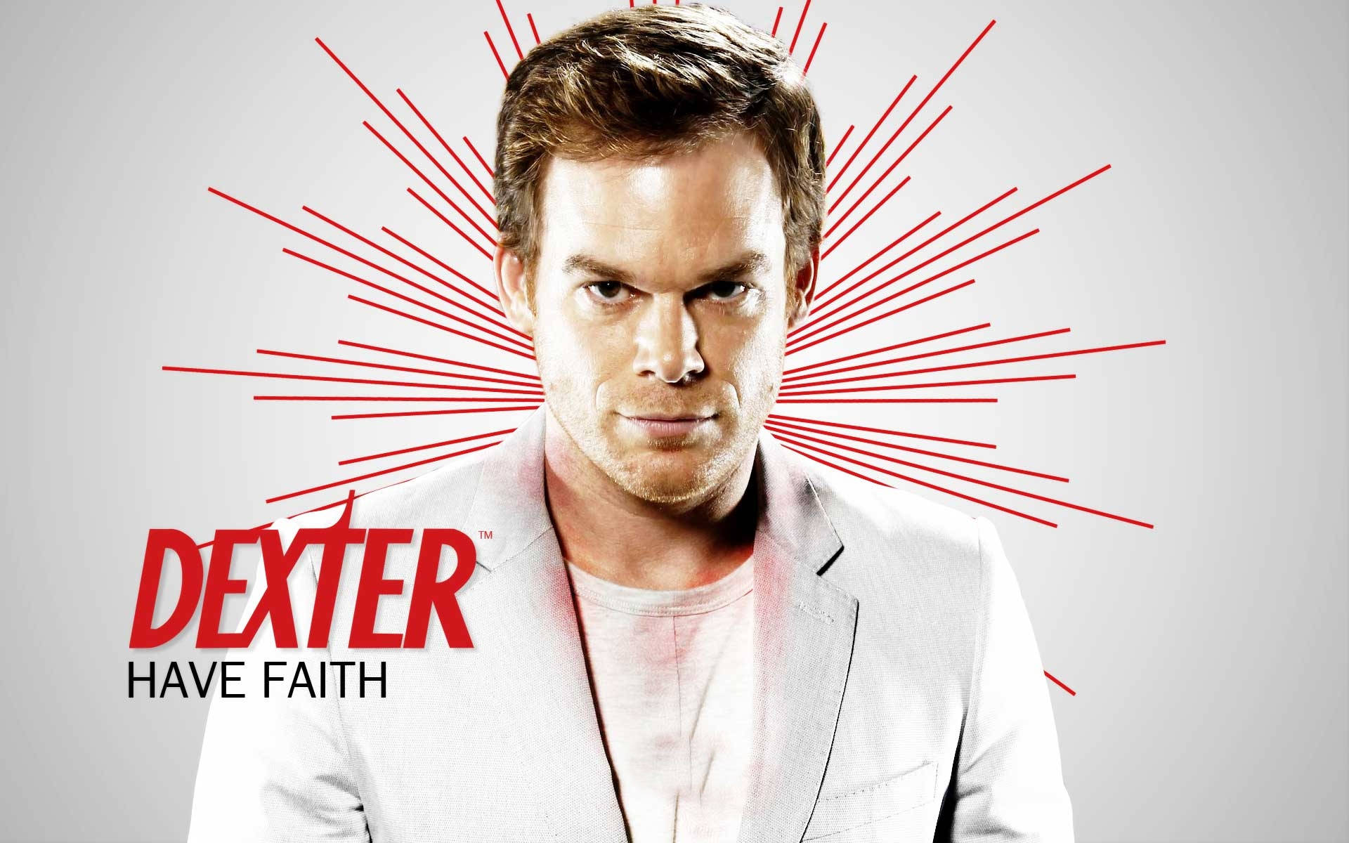 穿白色西裝的男人，紅色放射線，Dexter Have Faith 文字。