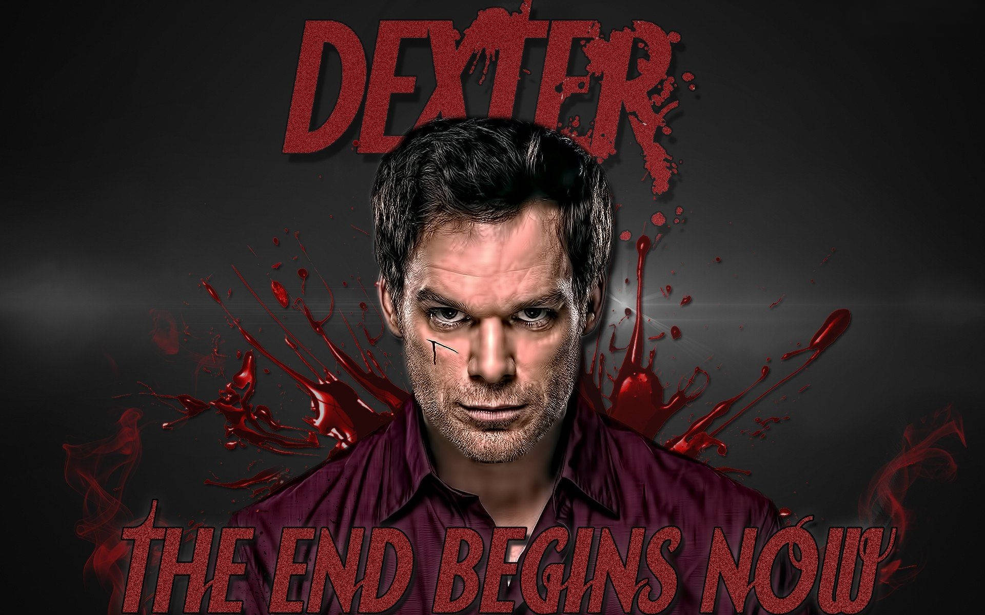 喺「Dexter」同「The End Begins Now」字樣下面，面上有血嘅男人。
