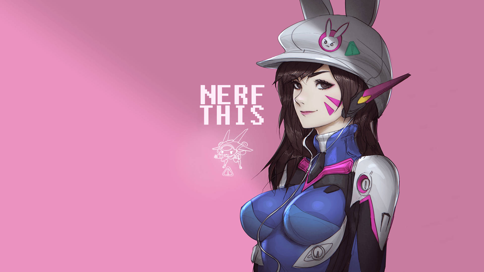 動漫角色戴著兔子帽和藍色盔甲，在粉紅色背景上帶有「NERF THIS」文字。