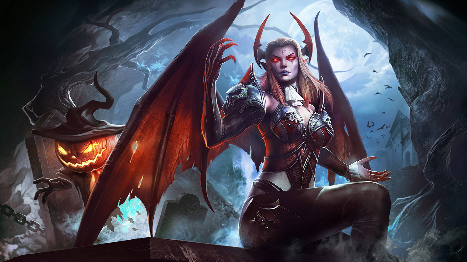 戴南瓜的惡魔魅魔 壁紙 — 一個有紅色翅膀和角的惡魔女性形象坐在滿月下的鬧鬼墓地的墓碑上。