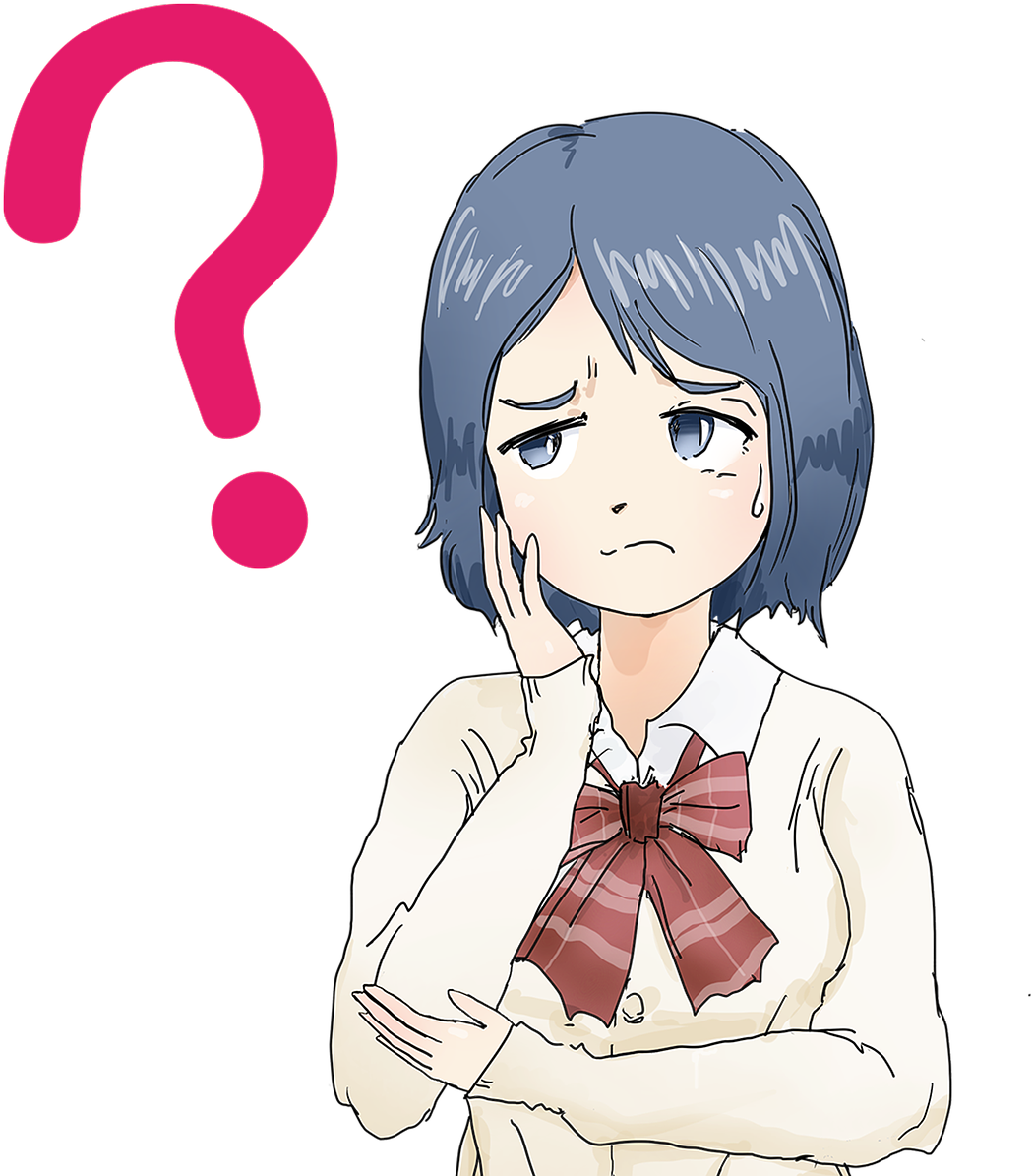 戴問號的沉思動畫少女 壁紙 — 一位藍髮動漫女孩穿著校服，旁邊漂浮著一個粉紅色問號，看起來很困惑。