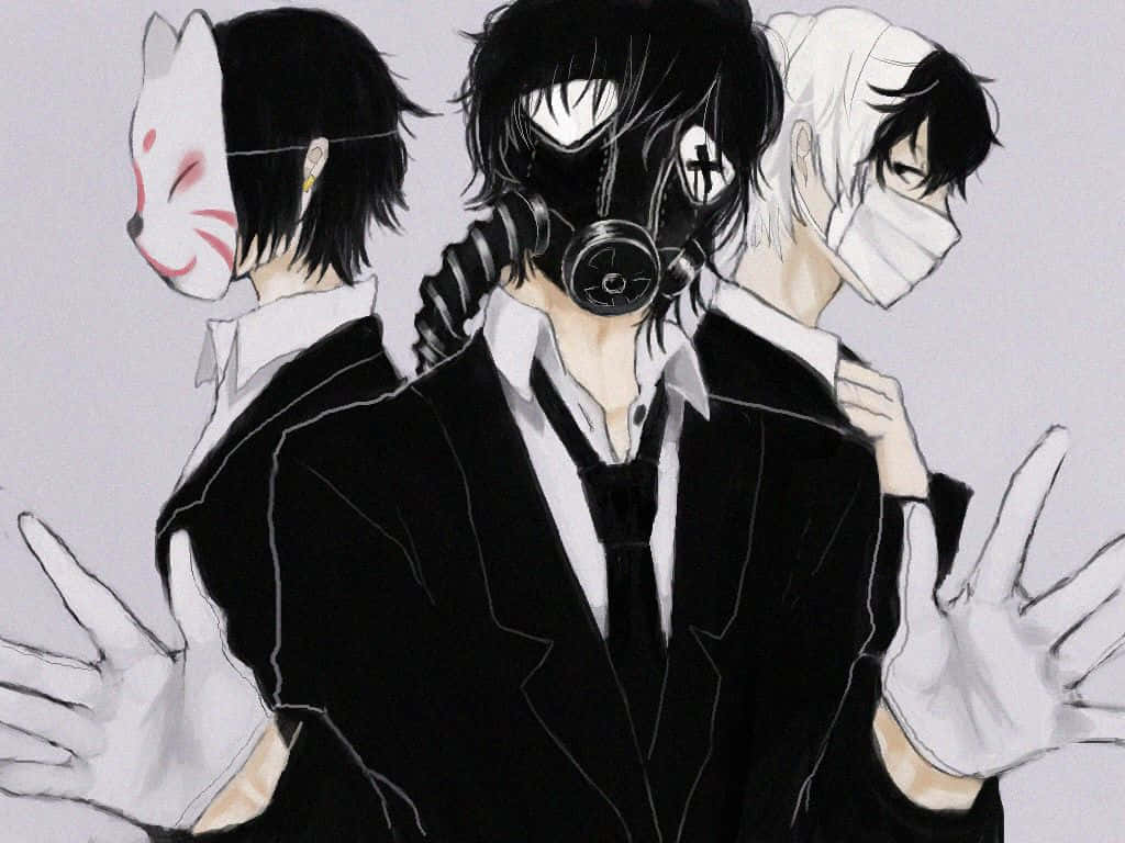戴多種面具的動漫男孩們 壁紙 — 三個穿著正式服裝的動漫角色戴著面具，包括狐狸面具、防毒面具和外科口罩，背景為純色。