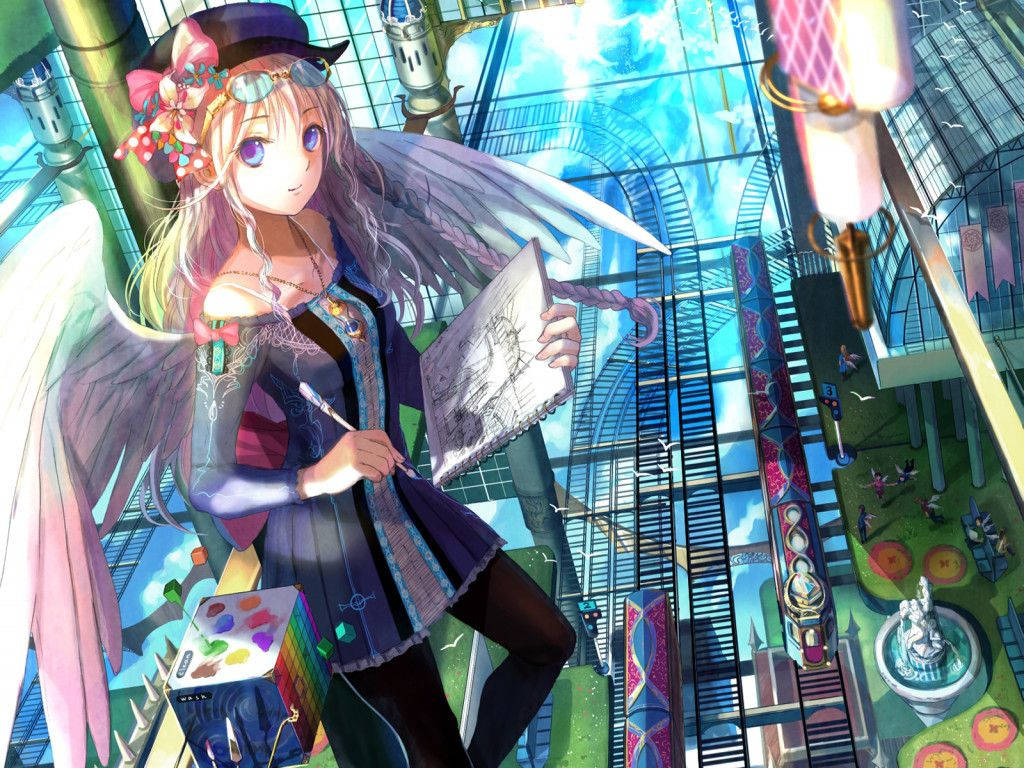 戴天使翅膀的可愛動漫少女正在繪畫 壁紙 — 一個開心的動漫女孩，長著天使翅膀，戴著高帽，在充滿活力的未來玻璃穹頂城市中繪畫。