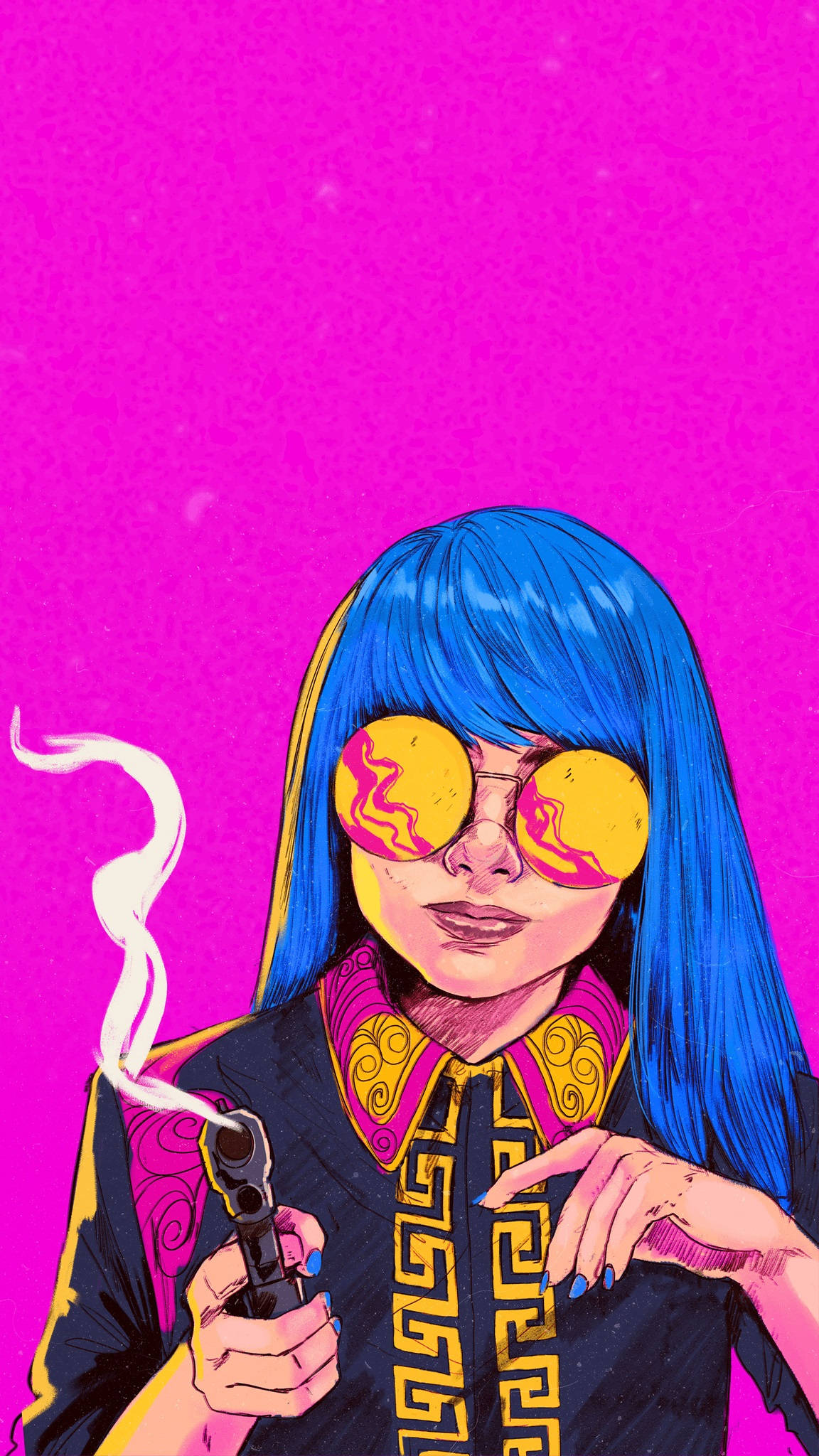 戴太陽眼鏡持槍藍髮少女的美學動漫手機壁紙 壁紙 — 一位風格化的藍髮女性戴著迷幻太陽眼鏡，在充滿活力的粉紅色背景前抽煙。
