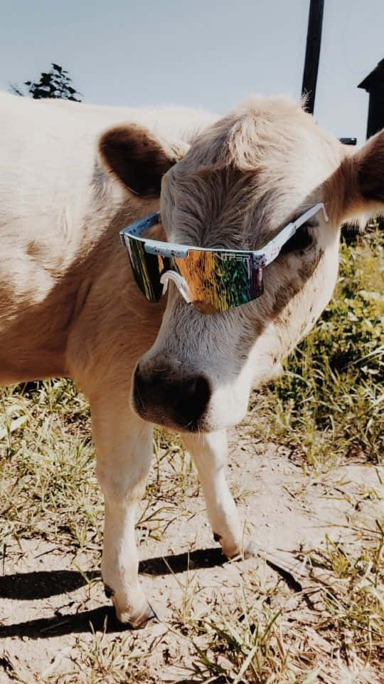 一隻戴太陽眼鏡的小牛站在陽光下的草地上。