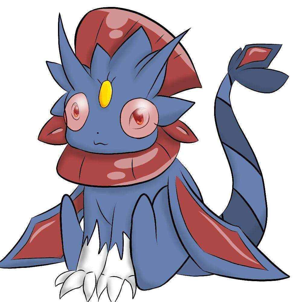 戴太陽眼鏡的酷 Weavile - 寶可夢壁紙 壁紙 — 一個可愛的藍色和紅色龍狀動漫生物，有大圓眼睛和黃色角，靜靜地坐在白色背景前。
