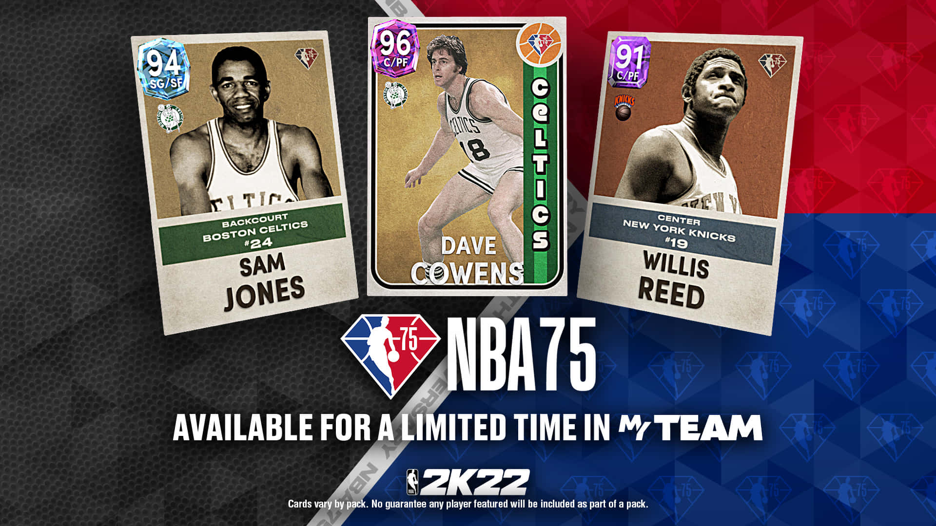 NBA 2K22 MyTeam模式中Sam Jones、Dave Cowens和Willis Reed的NBA75球員卡。