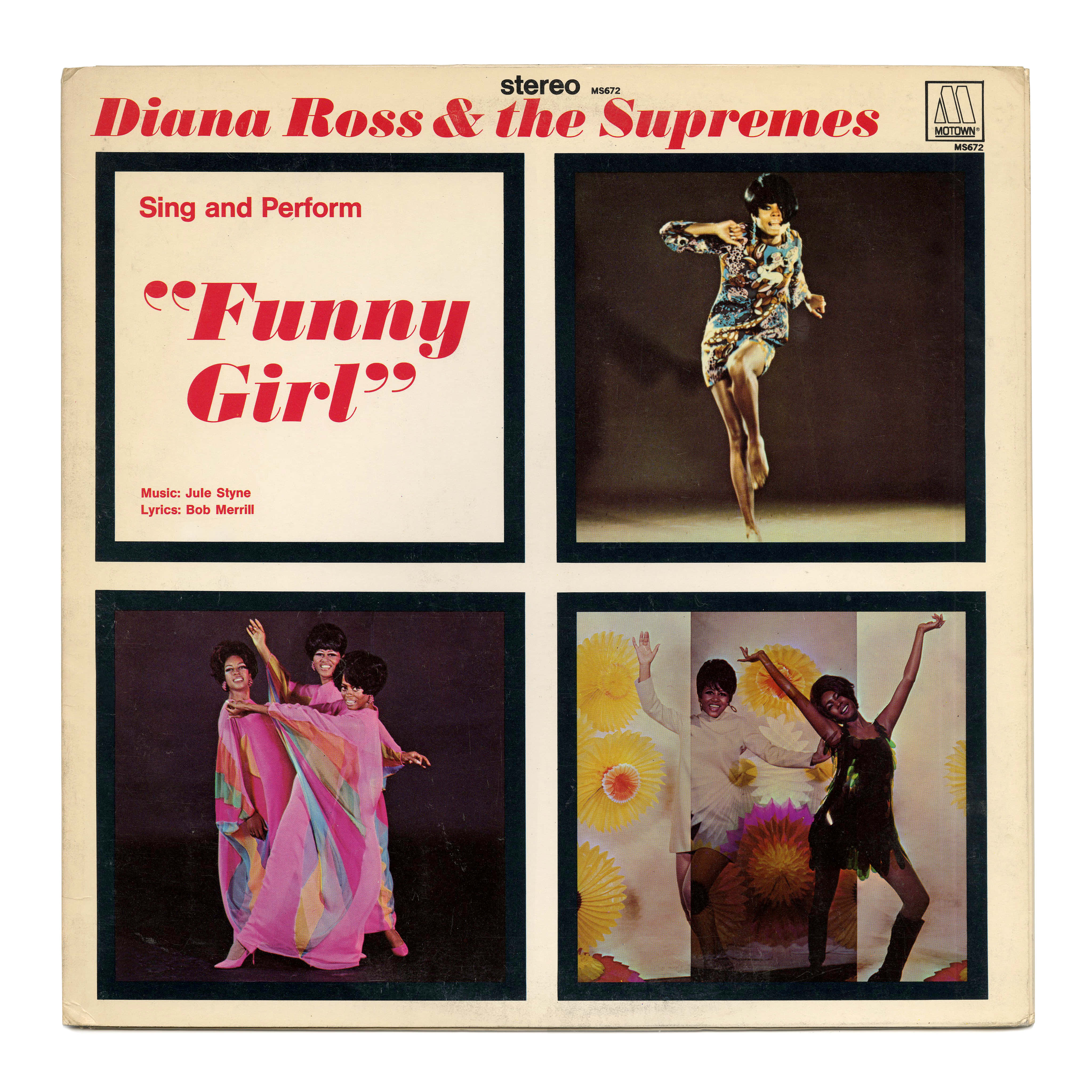 戴安娜·羅斯與 supremes 壁紙 — Diana Ross & the Supremes 的《Funny Girl》復古 Motown 專輯封面，包含四張該組合穿著色彩繽紛的 1960 年代服裝的動態照片。