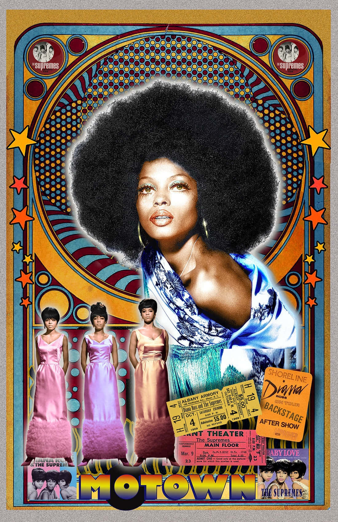 戴安娜·羅斯與The Supremes致敬海報 壁紙 — 充滿活力的復古海報， featuring Diana Ross 與大型非洲式髮型，周圍環繞著色彩繽紛的幾何圖案和演唱會門票。