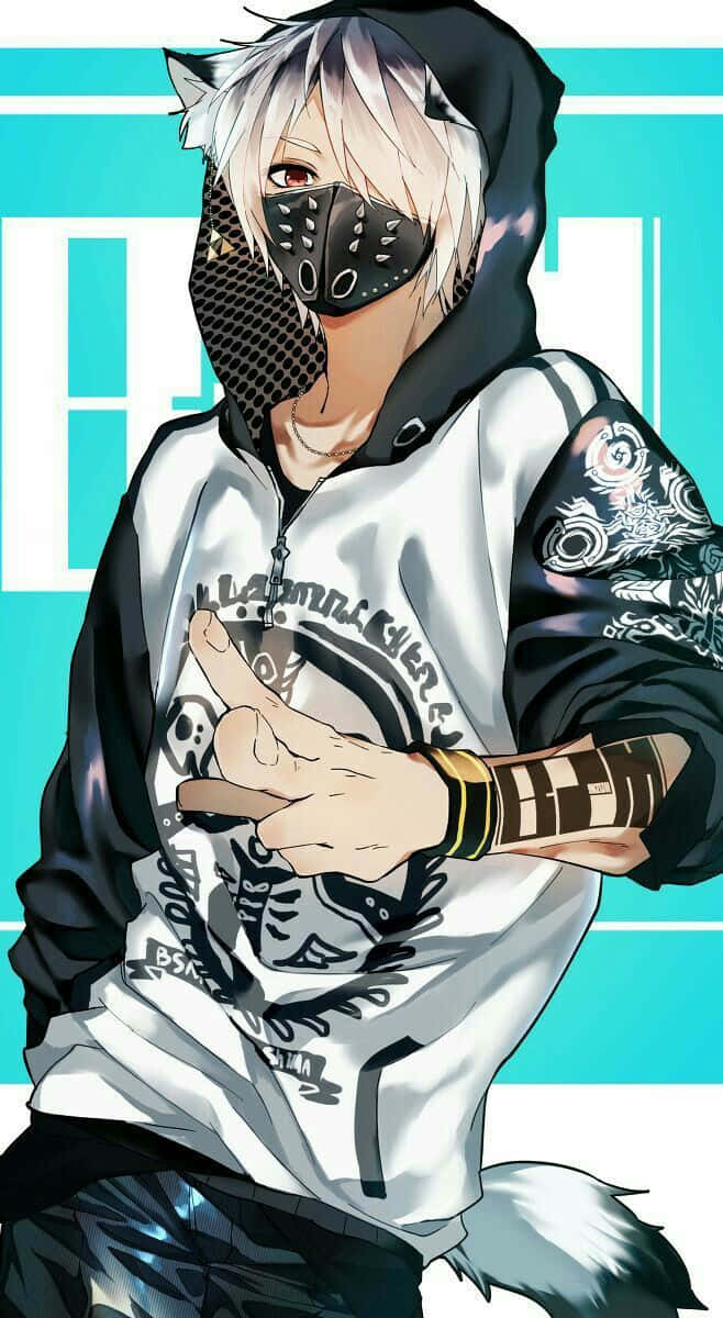 戴尖刺面具的嘻哈動漫男孩 壁紙 — 擁有白髮和狼耳的角色戴著黑色面具和連帽衫，在青綠色背景前指向觀眾。