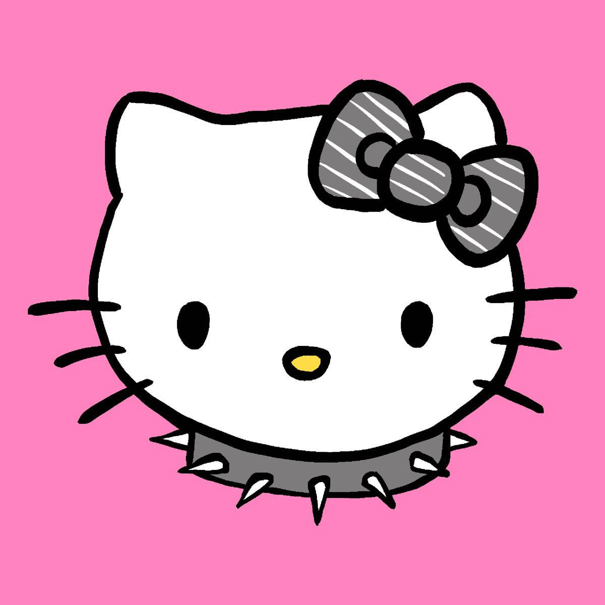 戴尖刺頸圈的卡通Hello Kitty頭像 壁紙 — 一隻卡通貓咪，戴著條紋蝴蝶結和釘飾項圈，背景為粉紅色。