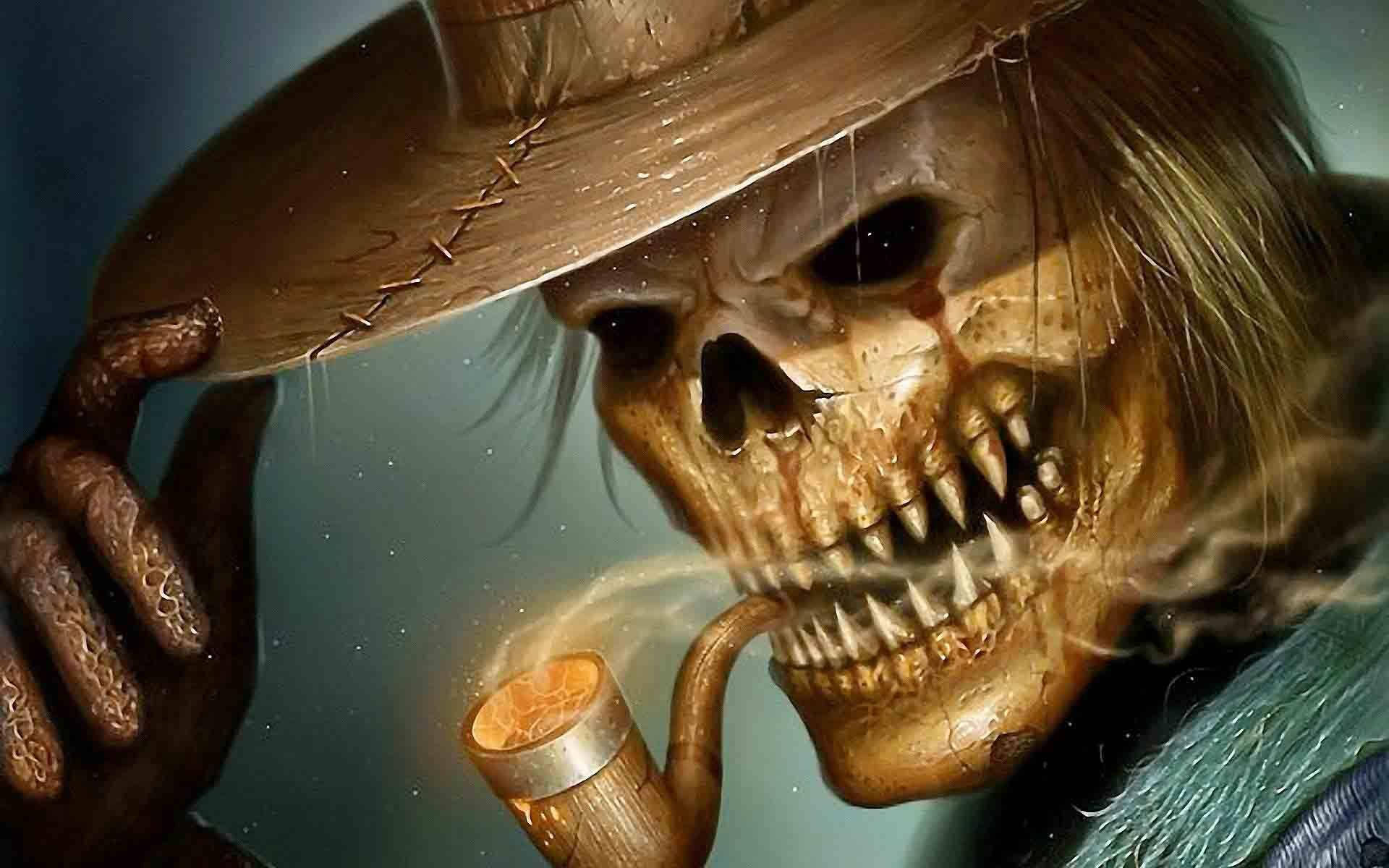 戴帽吸煙骷髏桌面 壁紙 — 一個陰沉的骷髏牛仔戴著破舊的帽子，抽著煙斗，煙霧在柔和的青綠色背景下升起。