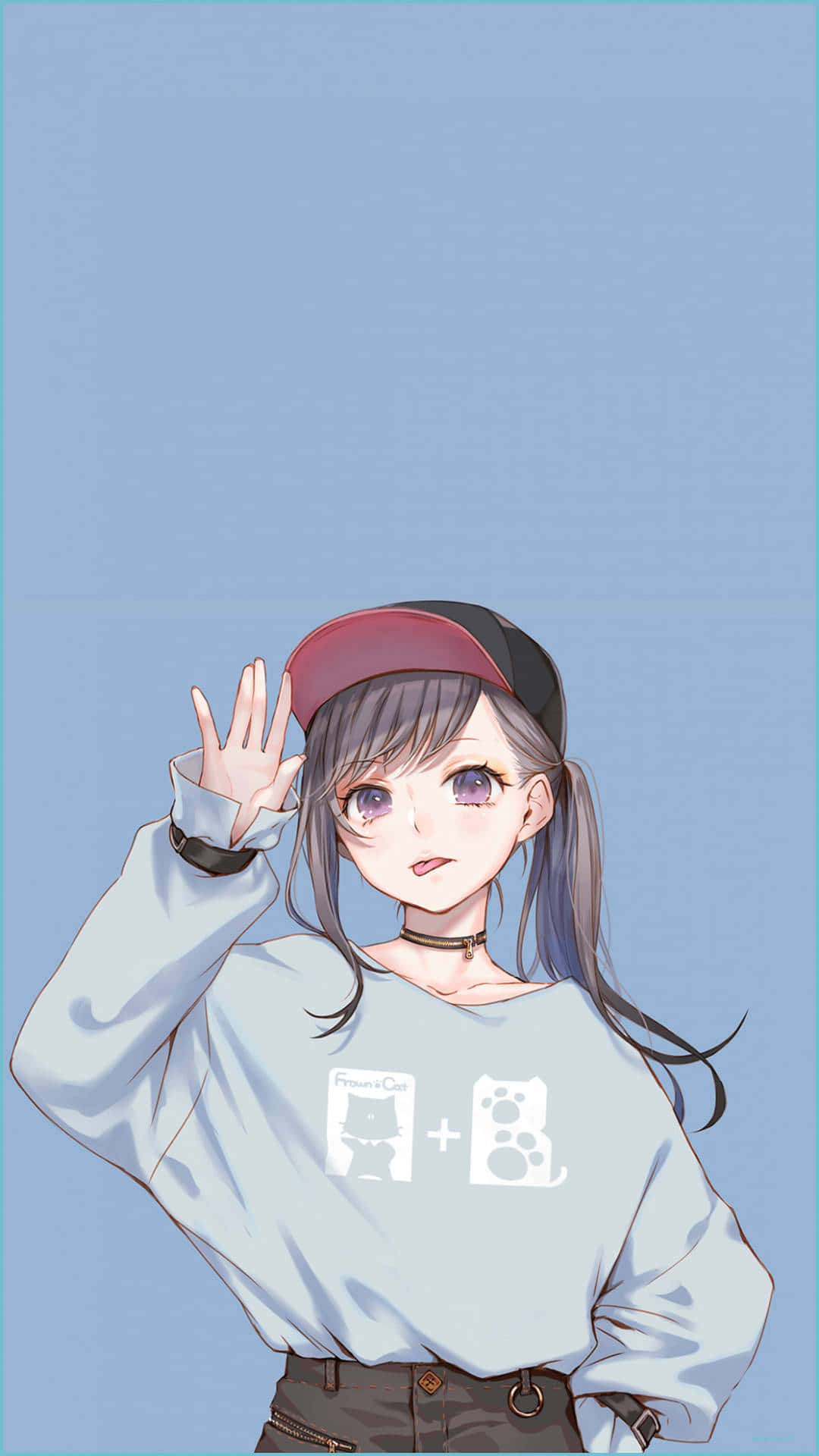 戴帽子和圖案T恤的動漫女孩在藍色背景上向觀眾揮手。