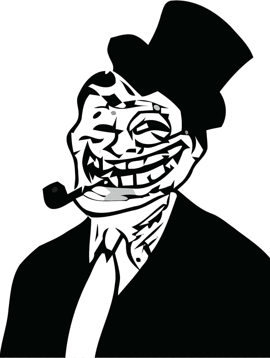 戴著高帽和抽著煙斗的黑白 troll face 迷因。