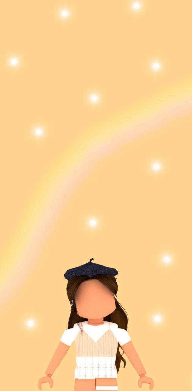 戴著貝雷帽的 Roblox 頭像在發光的彩虹和星空下。