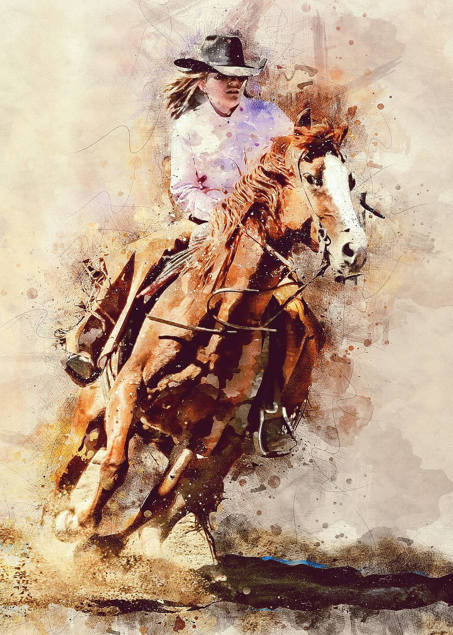 藝術 桌布 壁紙 — 戴帽子的牛仔騎著棕馬，以動態水彩潑濺風格奔馳在塵土飛揚的田野上。