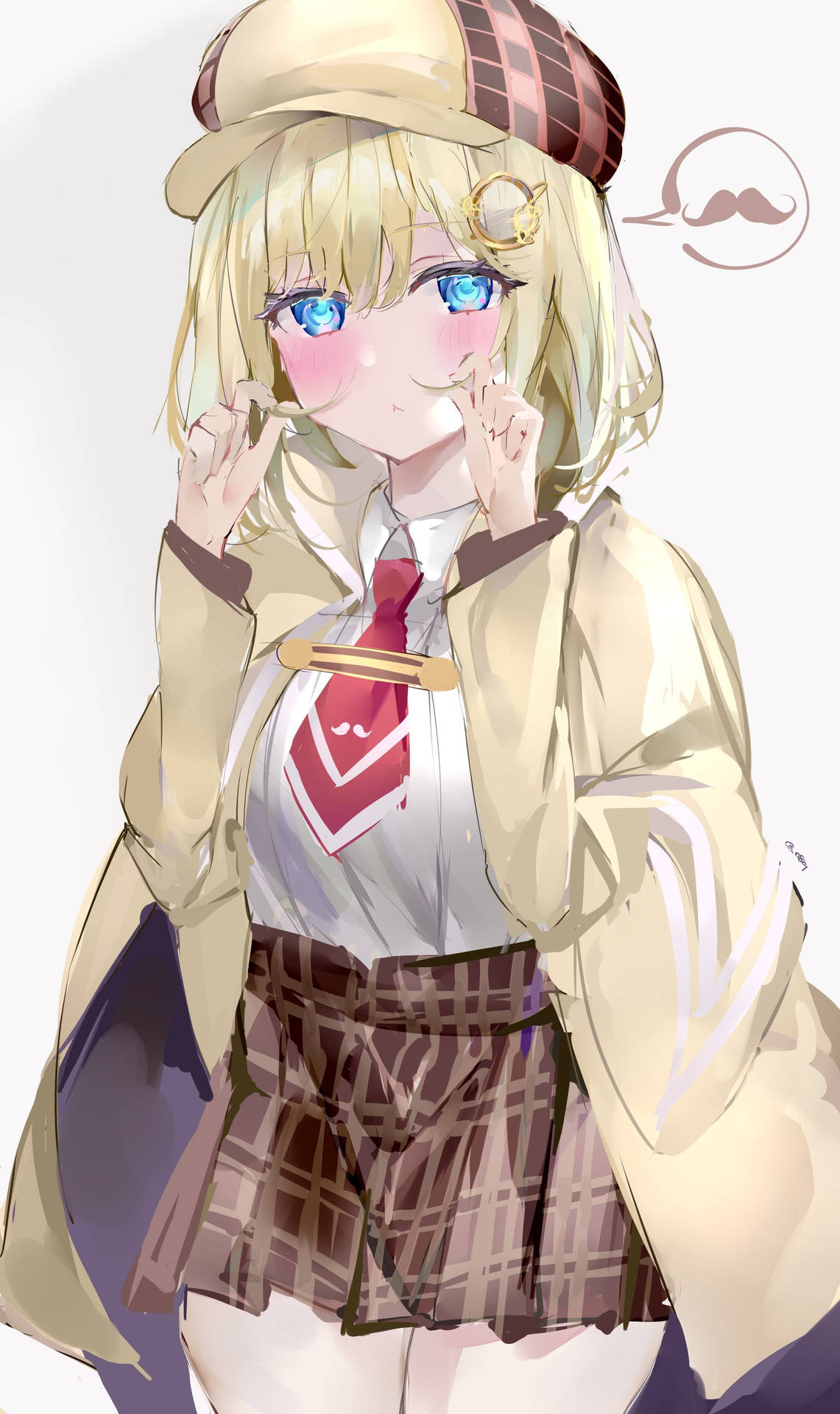 穿著校服的動漫女孩將手指放在嘴唇上，帶有鬍子思想泡泡。