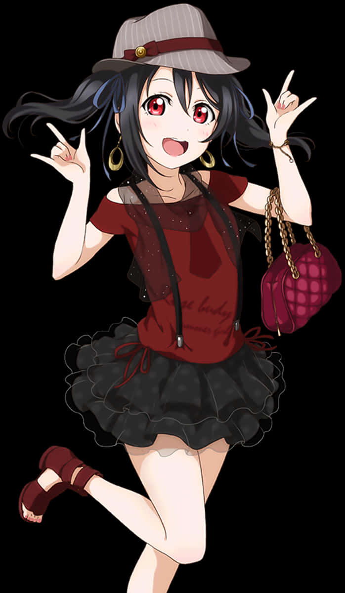 戴帽穿裙的時尚動畫少女 壁紙 — 一個開心的動漫女孩，紅眼睛黑頭髮，戴著帽子，拿著粉紅色手袋，擺出俏皮的姿勢。