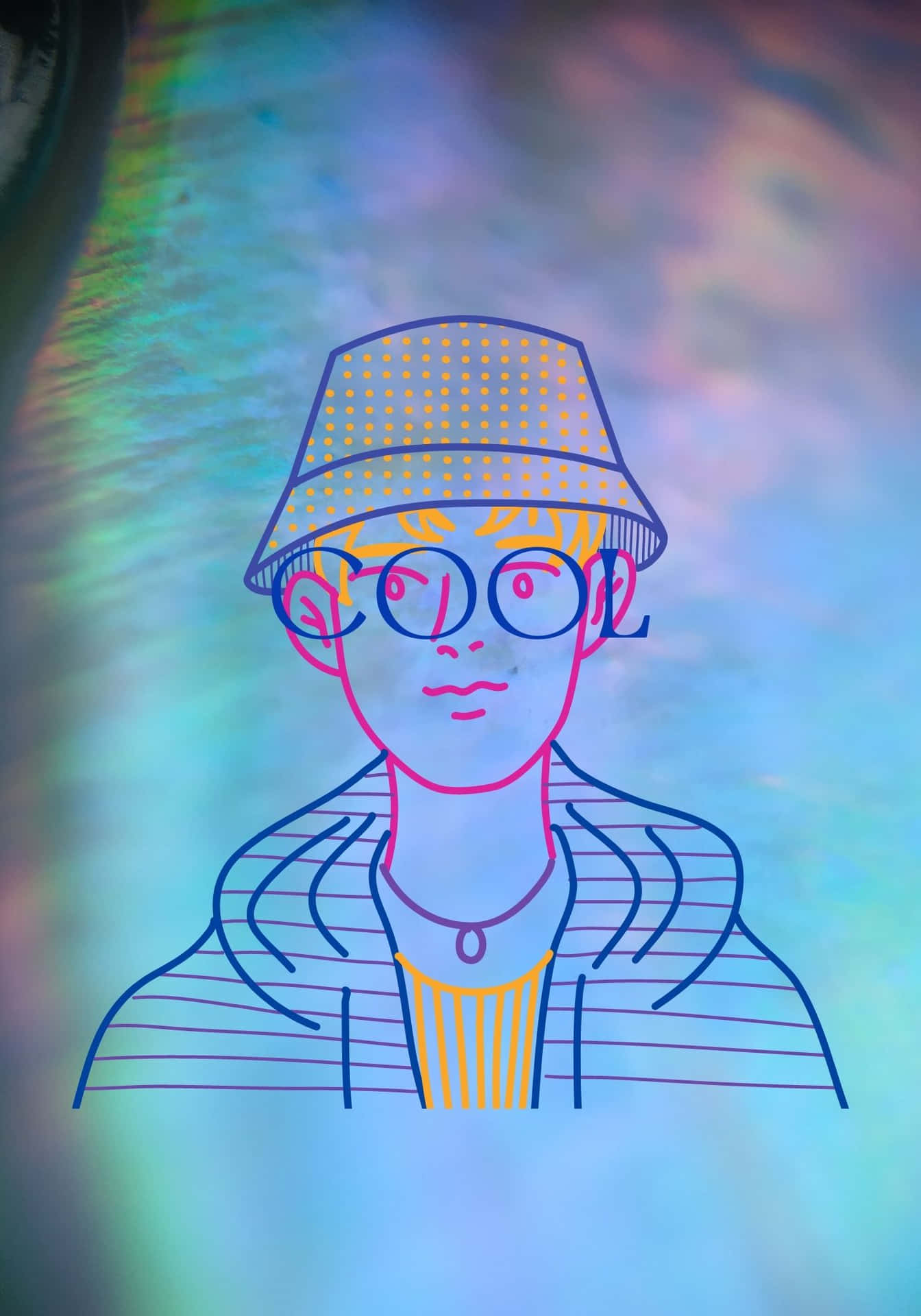 一個戴著帽子和眼鏡的人物的風格化插圖，帶有cool字樣。