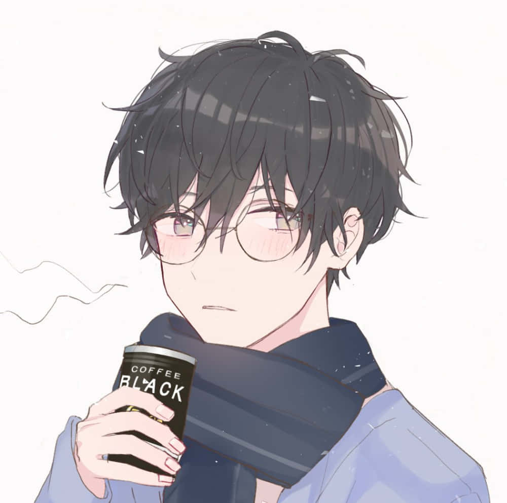動漫男孩戴冬季圍巾手持冒煙黑咖啡杯