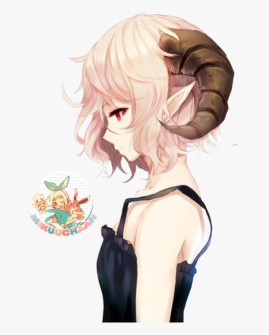 動漫女孩，粉紅色頭髮，公羊角，穿著黑色上衣。