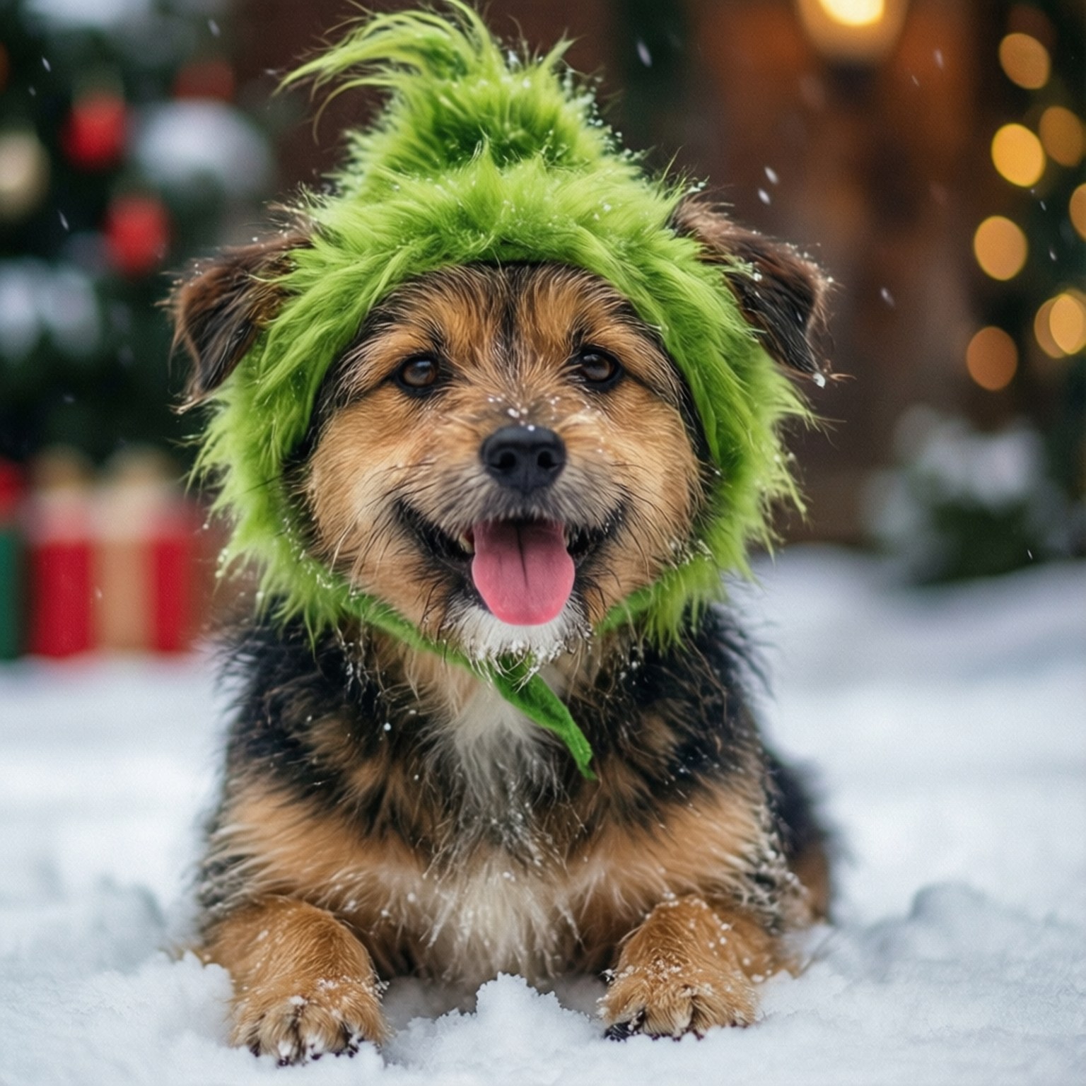 一隻戴著綠色鬼靈精帽子的開朗狗在雪白的冬日場景中與節日燈光玩耍。
