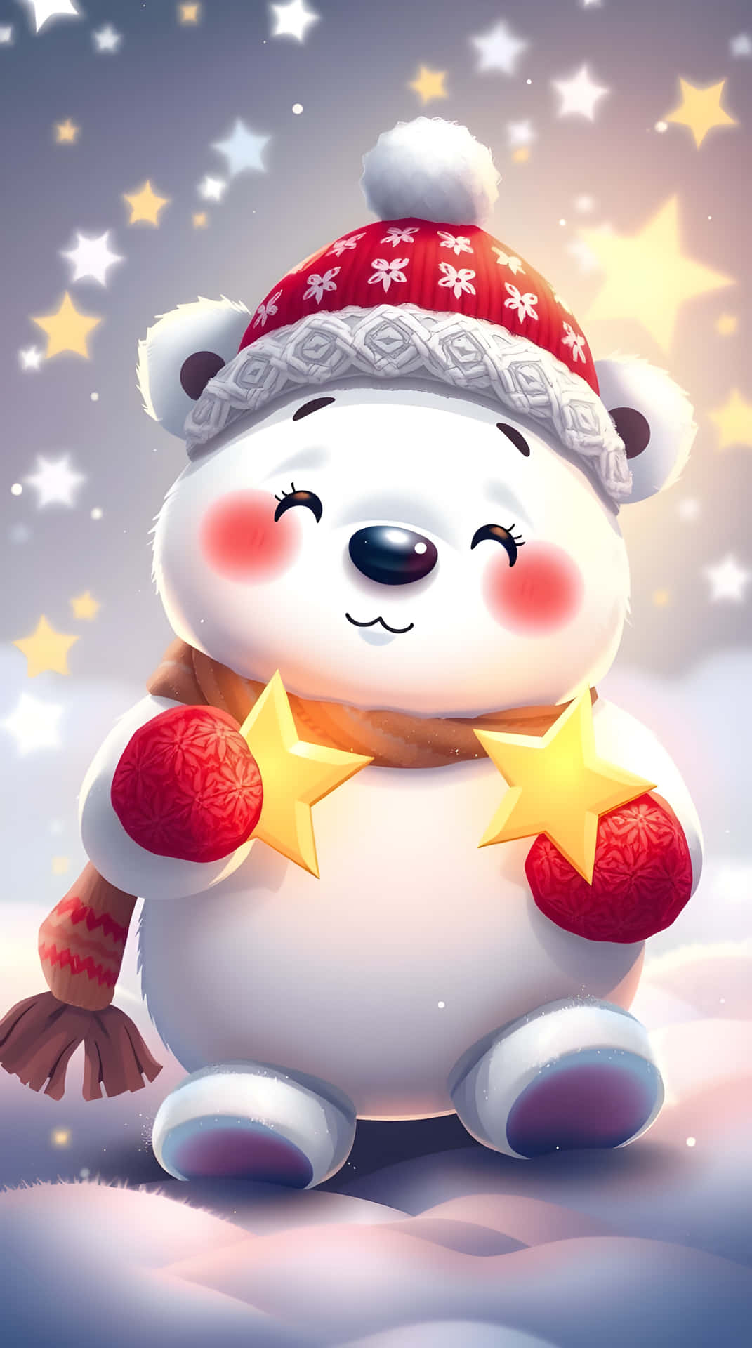 可愛的北極熊戴著冬帽，在雪景中握著金色星星。