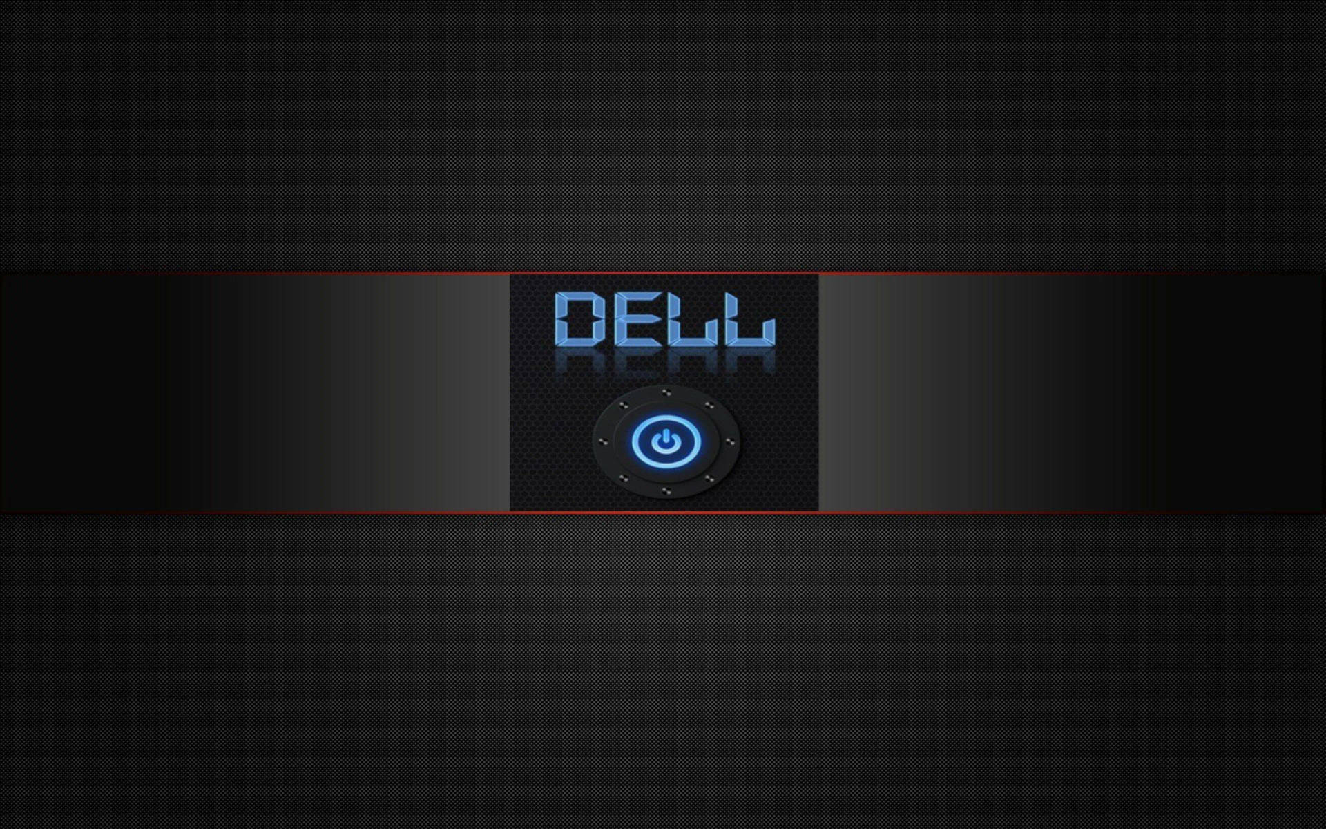 Dell標誌，帶有發光藍色電源按鈕，位於深色紋理背景上。