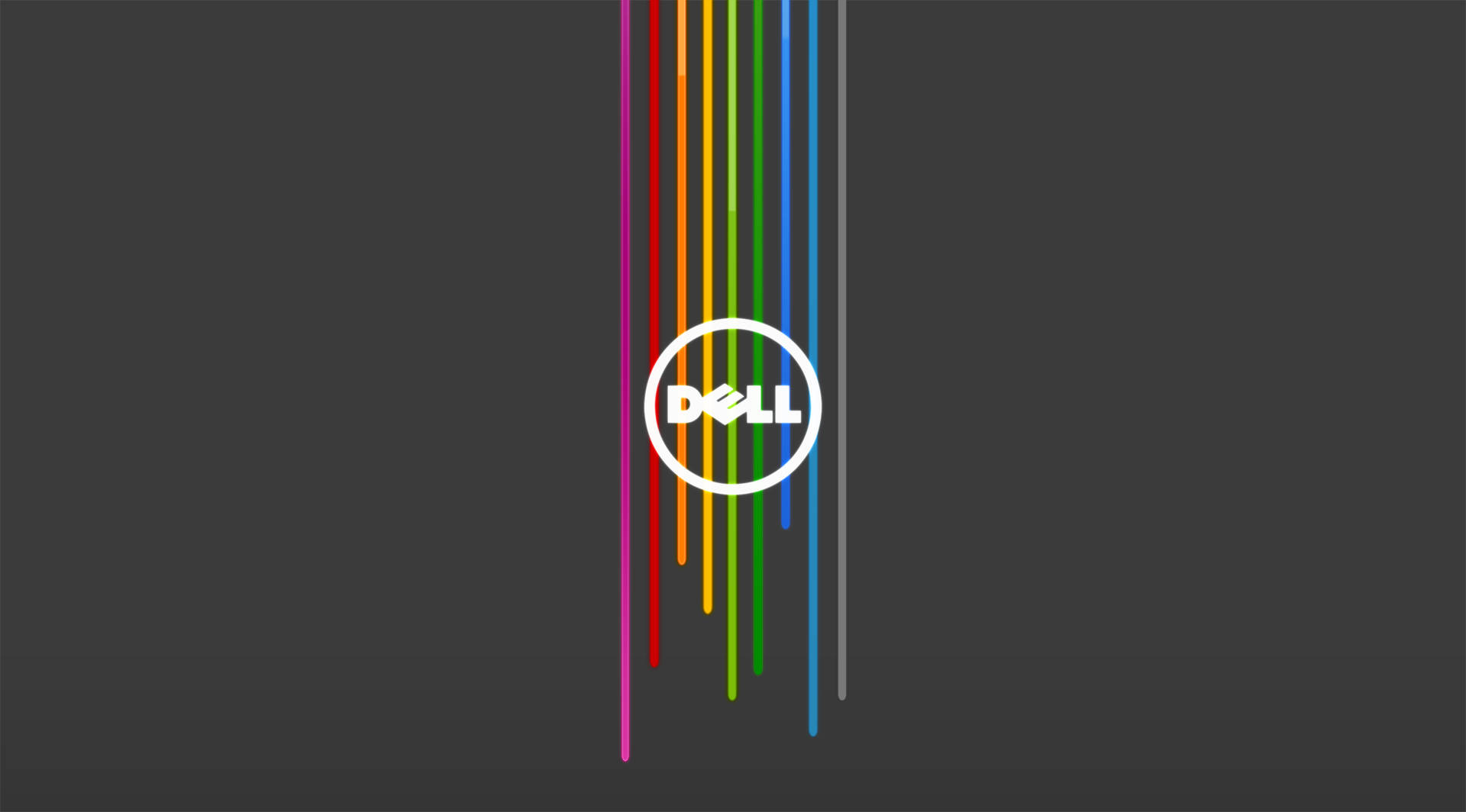 深灰色背景上帶有彩色垂直條紋的 Dell 標誌