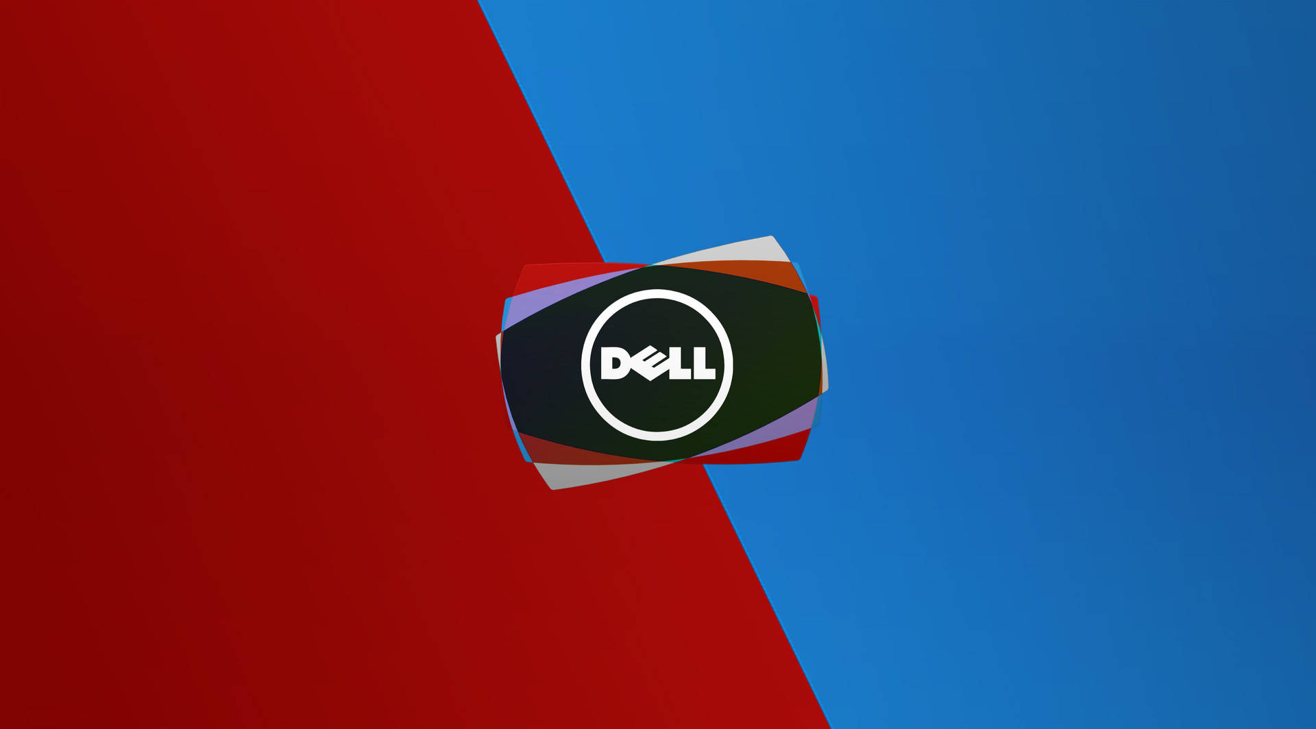 Dell 標誌在紅藍背景上，帶有層疊色彩點綴。
