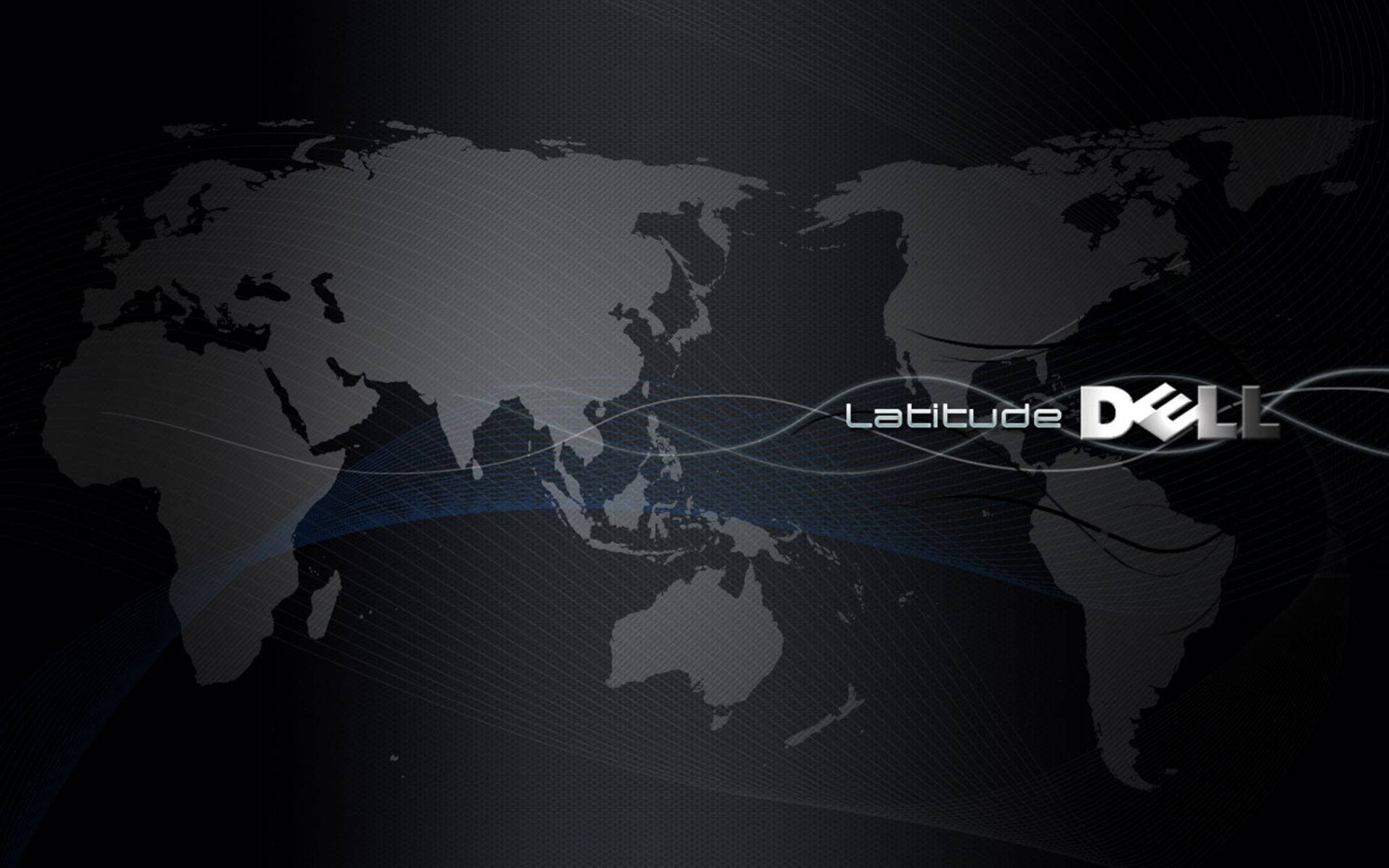 深灰色世界地圖，帶有藍色光跡和Dell Latitude標誌。