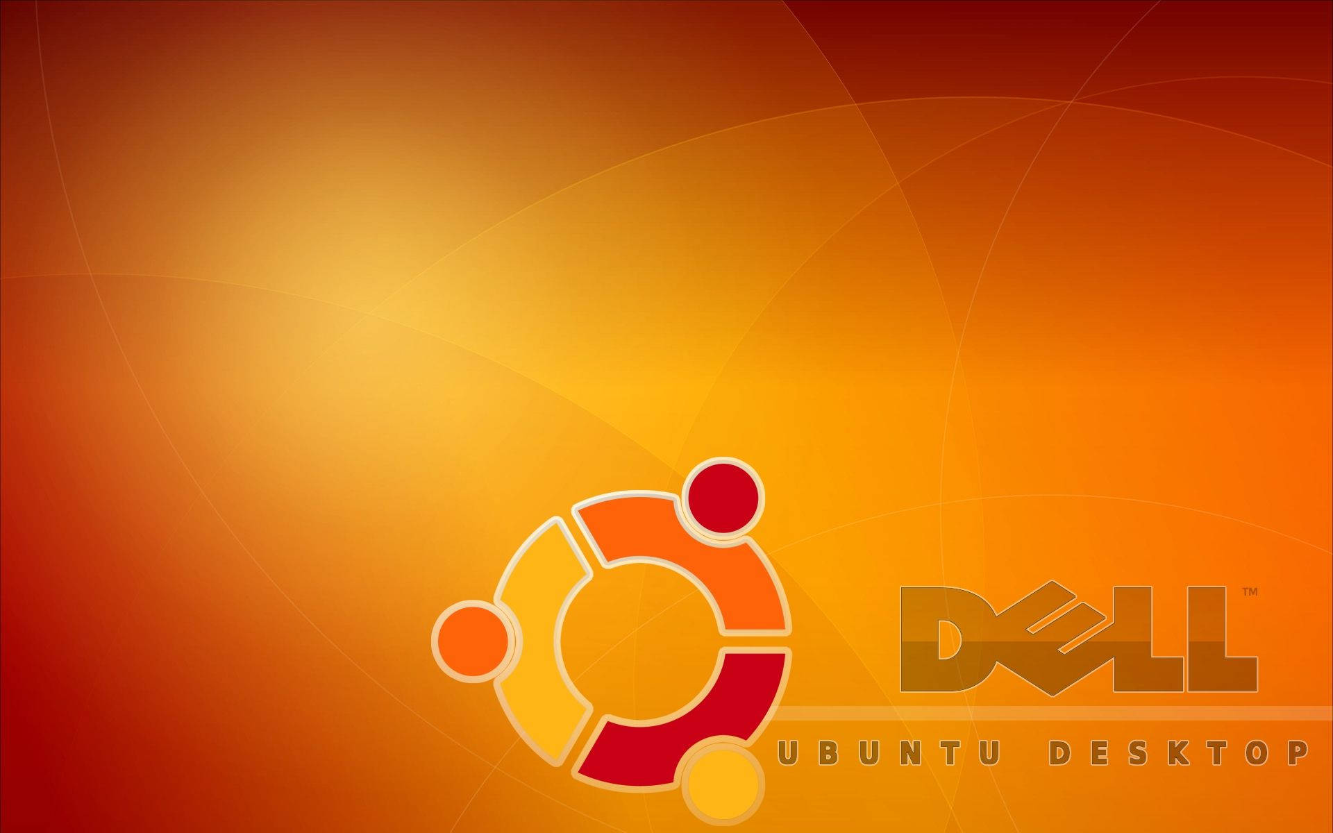Ubuntu 和 Dell 標誌在溫暖的橙色漸變背景上