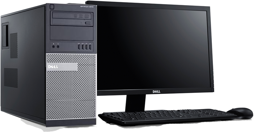 戴爾桌面電腦組合 壁紙 — 一部時尚的黑色 Dell 桌上電腦，配備顯示器、鍵盤和滑鼠，置於潔白背景上。